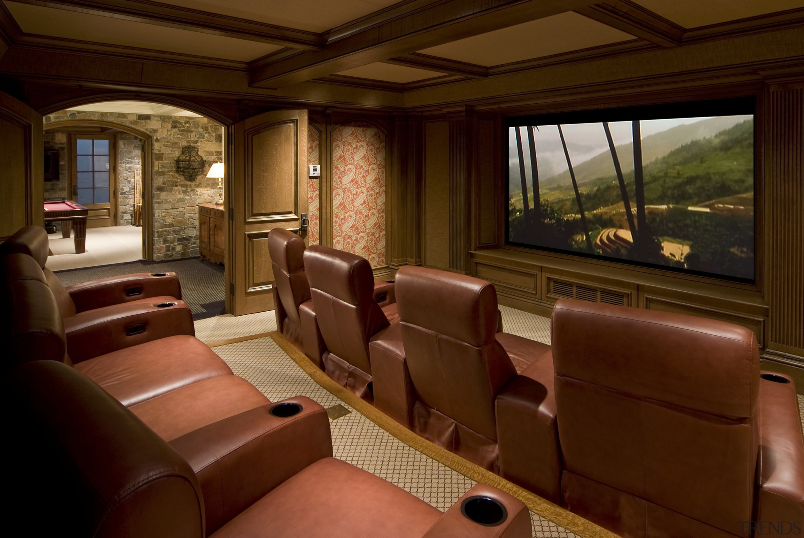 View of theatre room with red seats. - home, interior design, real estate, room, window, red, brown