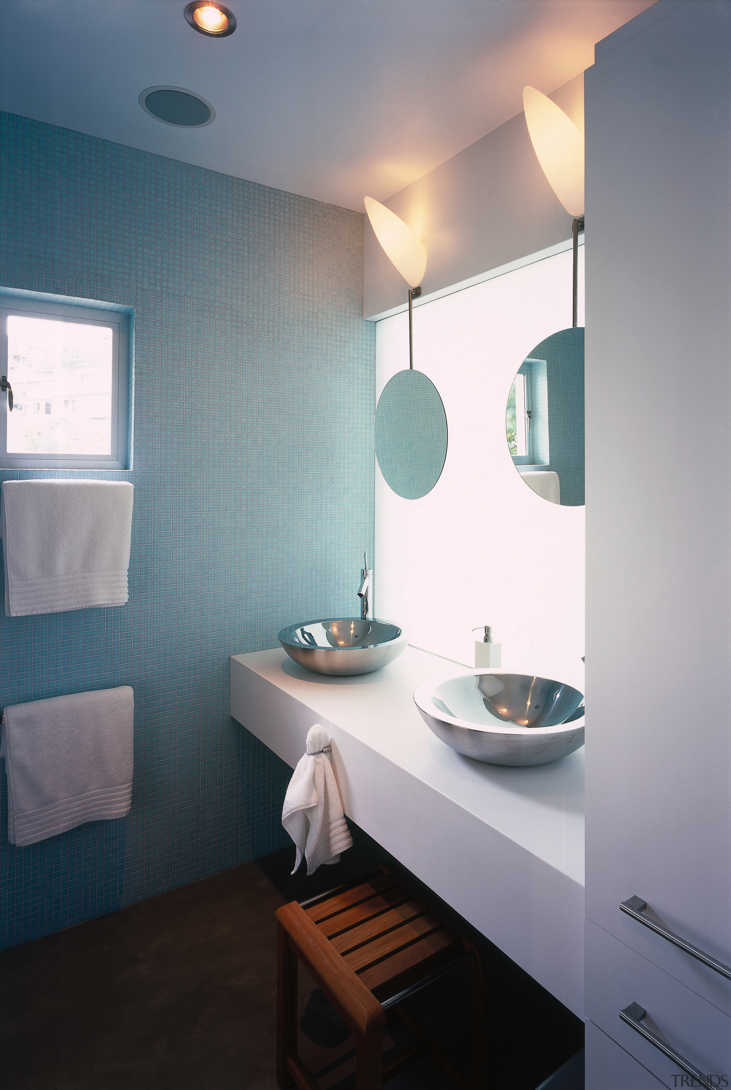 A view of the bathroom, blue and white architecture, bathroom, blue, ceiling, daylighting, floor, home, house, interior design, light fixture, lighting, plumbing fixture, room, sink, wall, window, gray