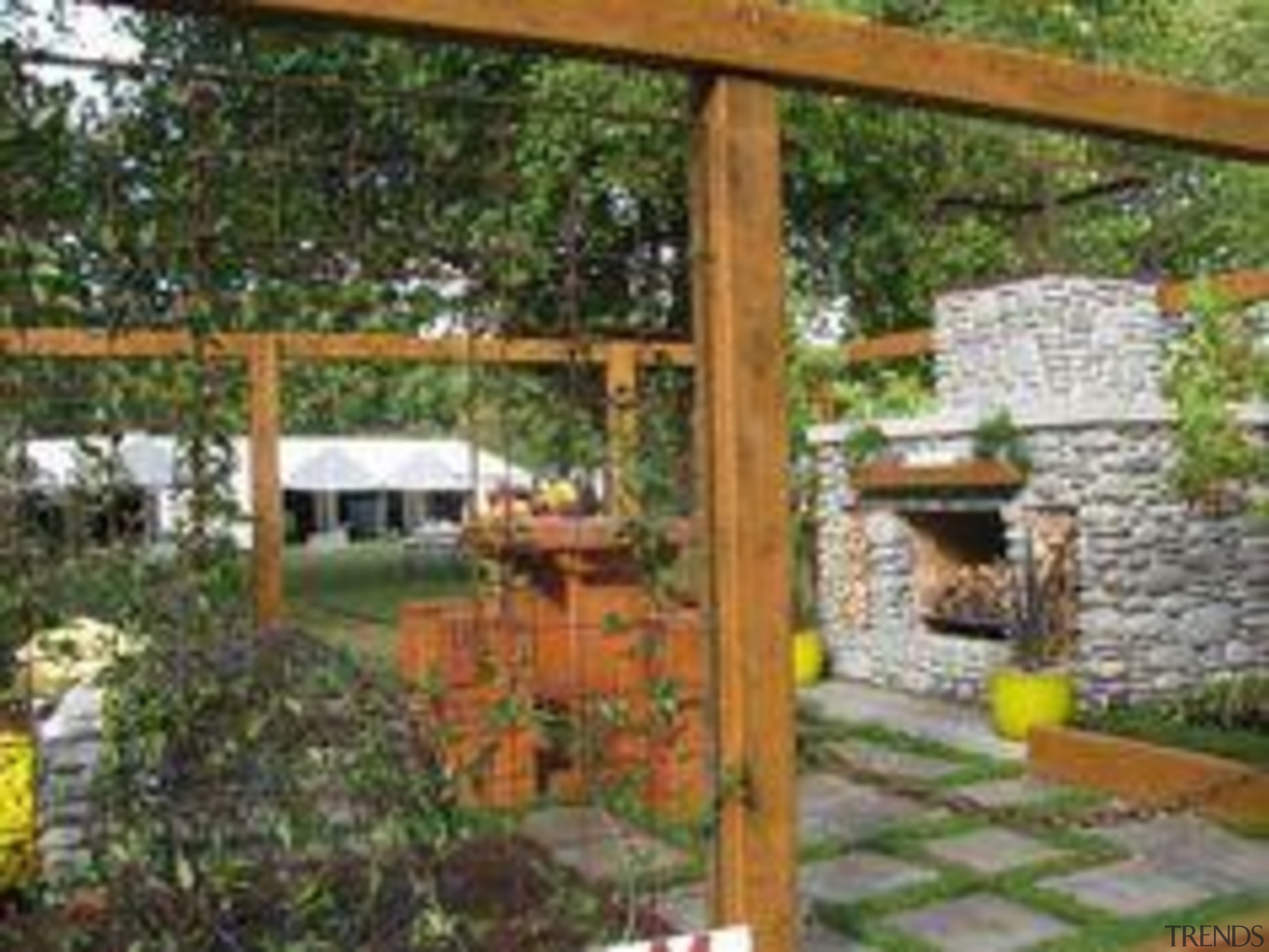 At Ellerslie International Flower Show - At Ellerslie backyard, cottage, landscape, outdoor structure, pergola, real estate, tree, yard, brown