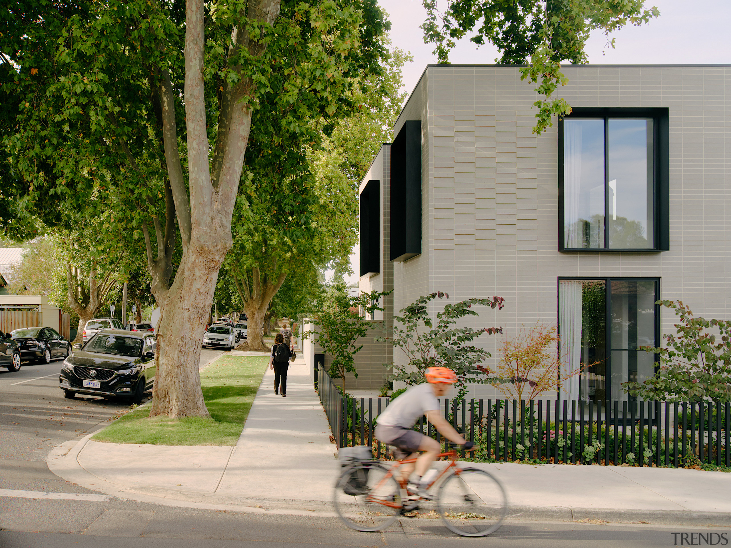 The home showcases stacked brickwork forms. 
