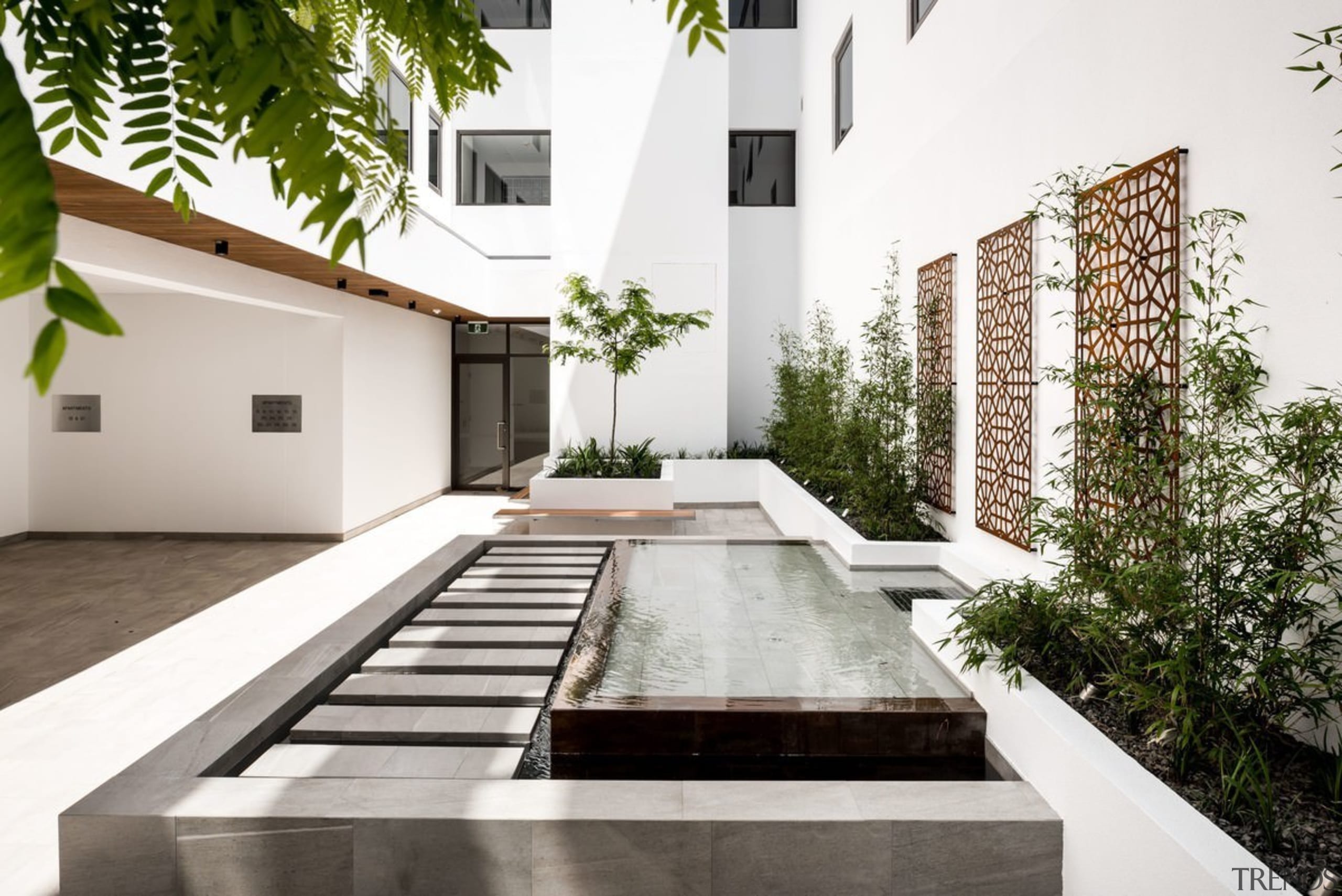 Shared garden areas like this one are essential architecture, condominium, courtyard, home, house, interior design, property, real estate, white