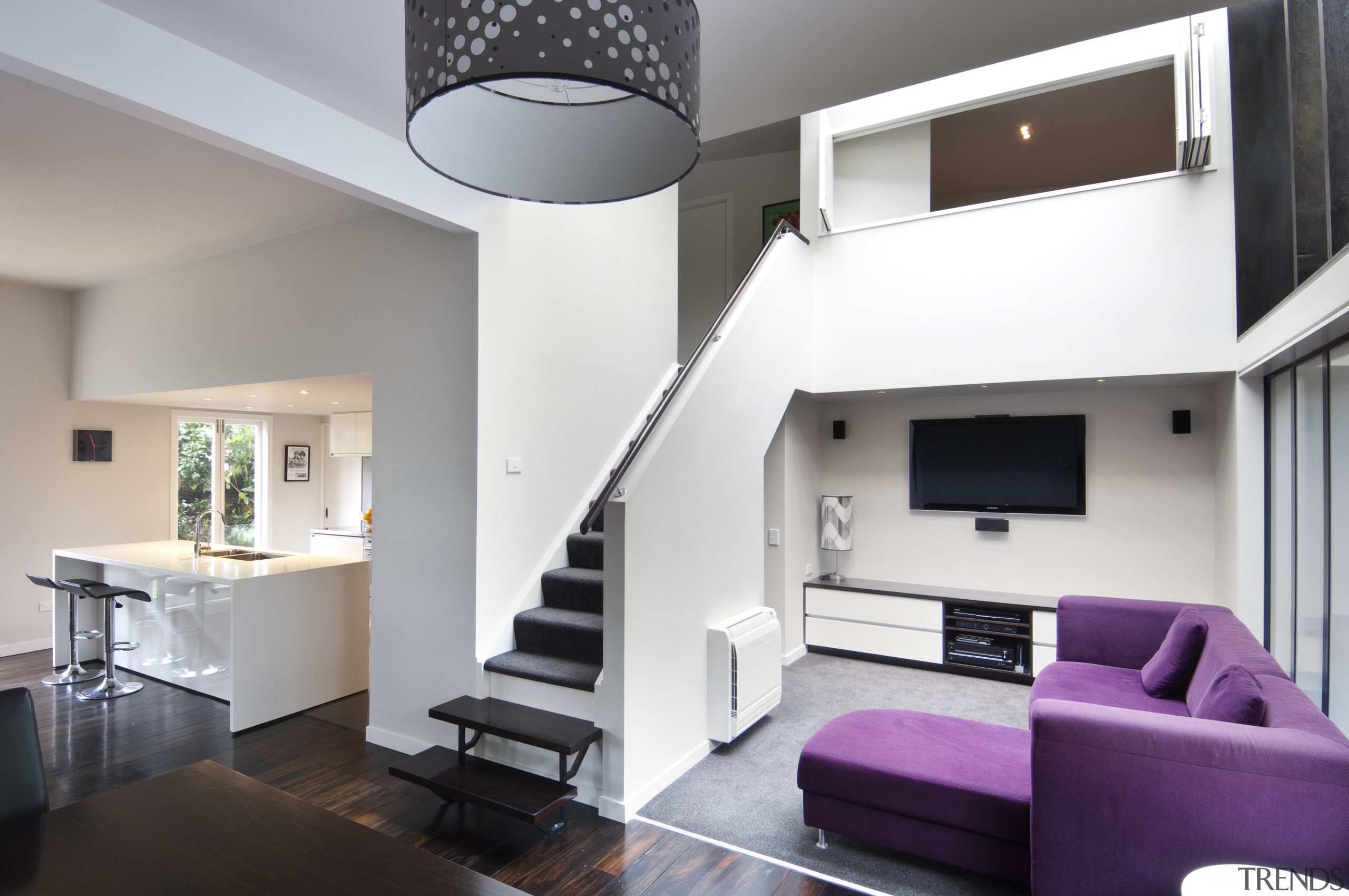 View fo dining area, living area and new architecture, ceiling, home, house, interior design, interior designer, living room, real estate, room, gray, white