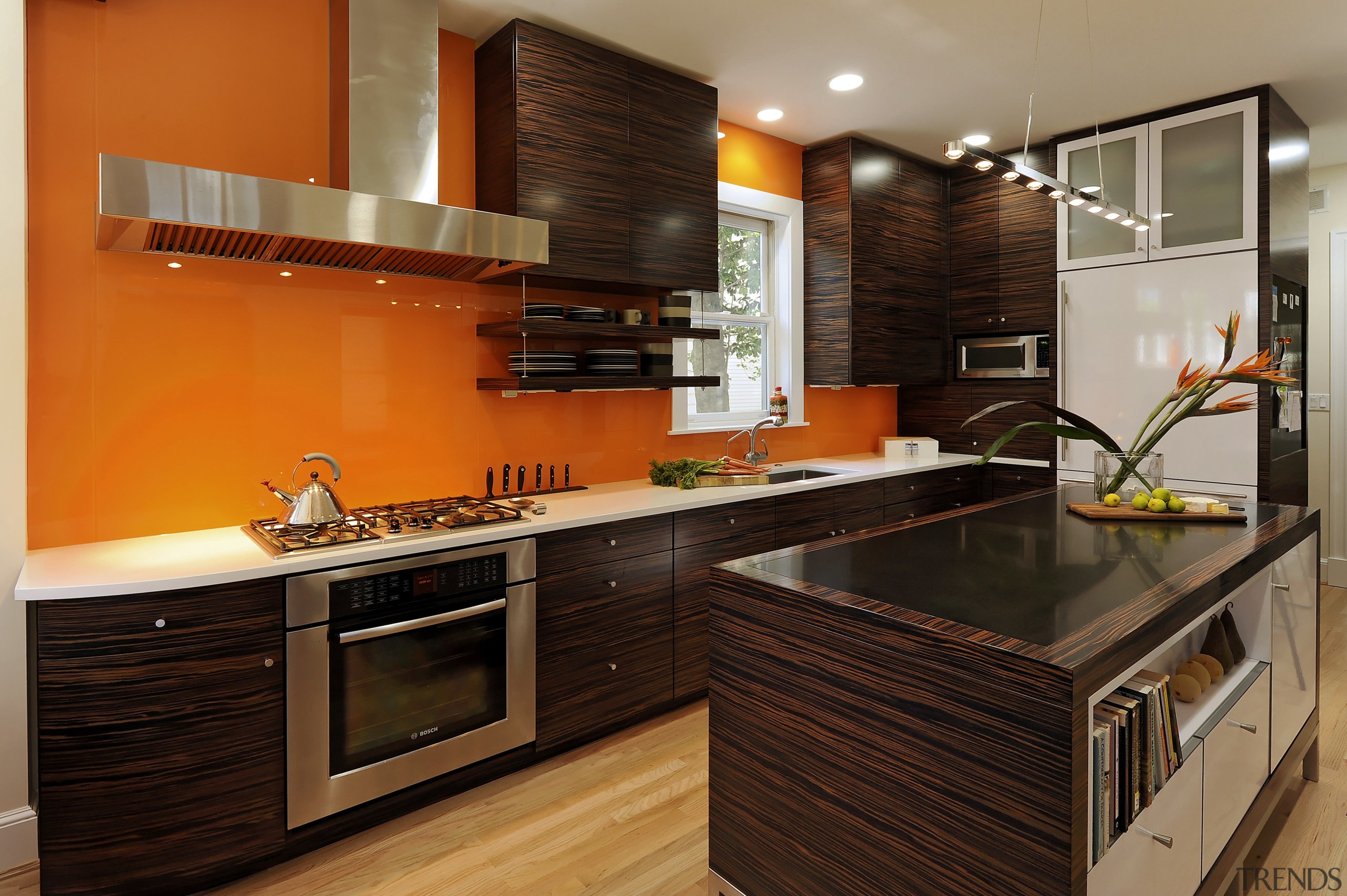 View of kitchen designed by Jennifer Gilmer.  cabinetry, countertop, cuisine classique, interior design, kitchen, real estate, room, brown, black