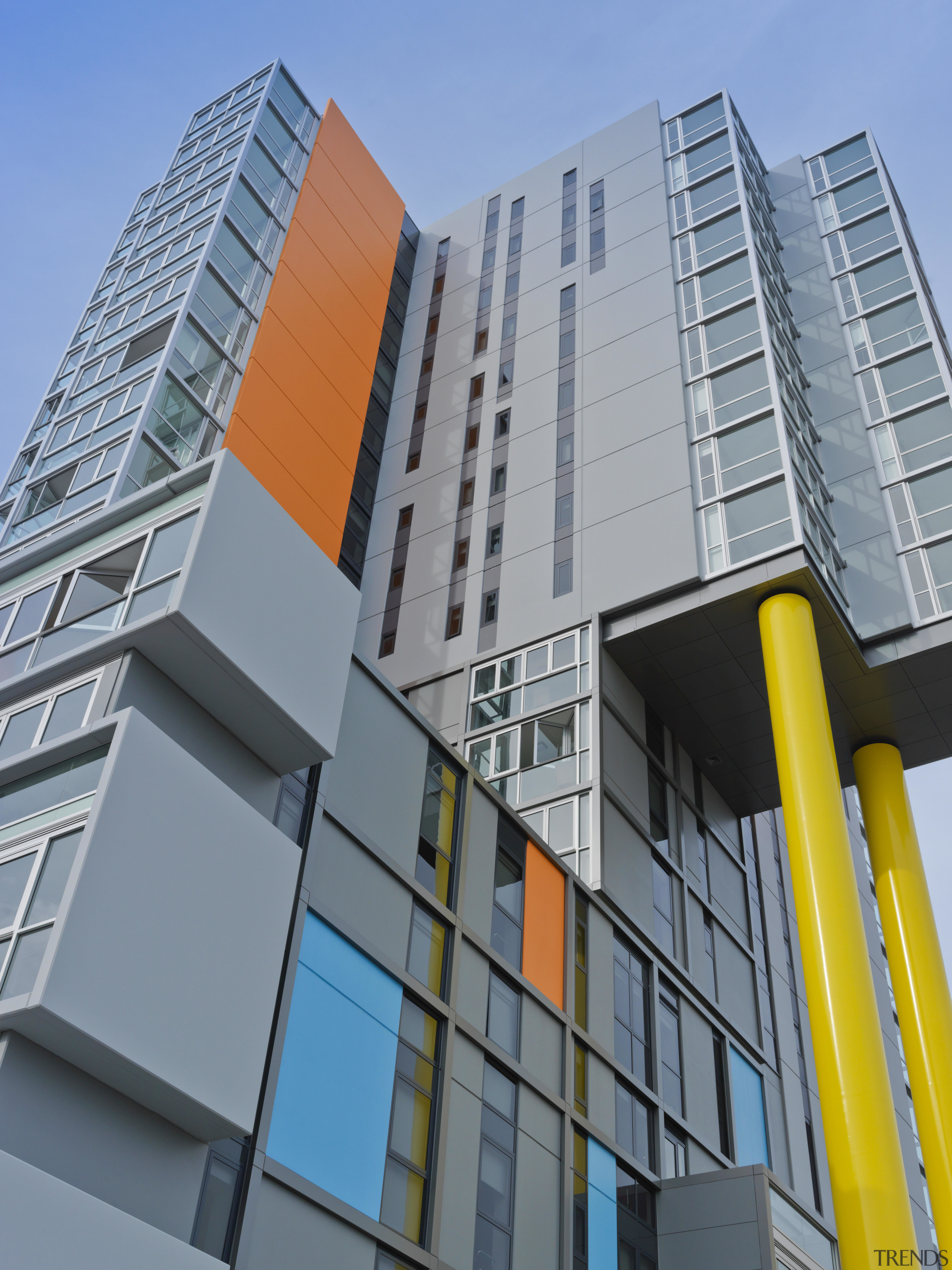 Exterior view of the Altitude in the Precinct apartment, architecture, building, city, commercial building, condominium, corporate headquarters, daytime, elevation, facade, headquarters, house, metropolis, metropolitan area, mixed use, neighbourhood, real estate, residential area, sky, skyscraper, tower block, urban area, gray, teal