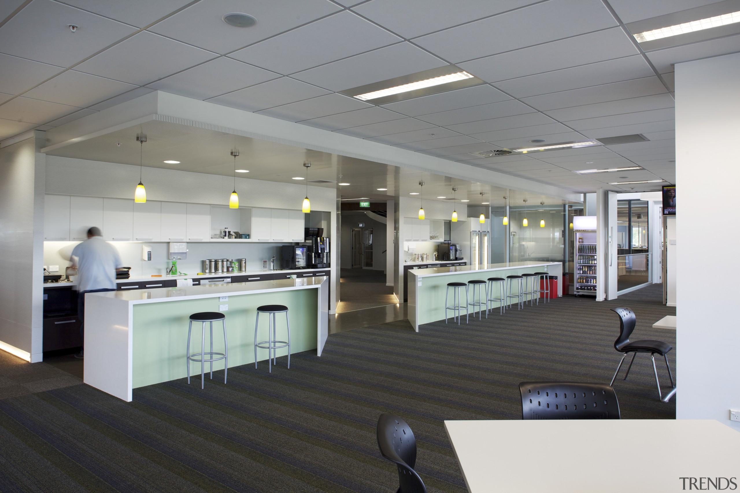 The staff kitchen at the GHD office incorporates ceiling, interior design, office, gray