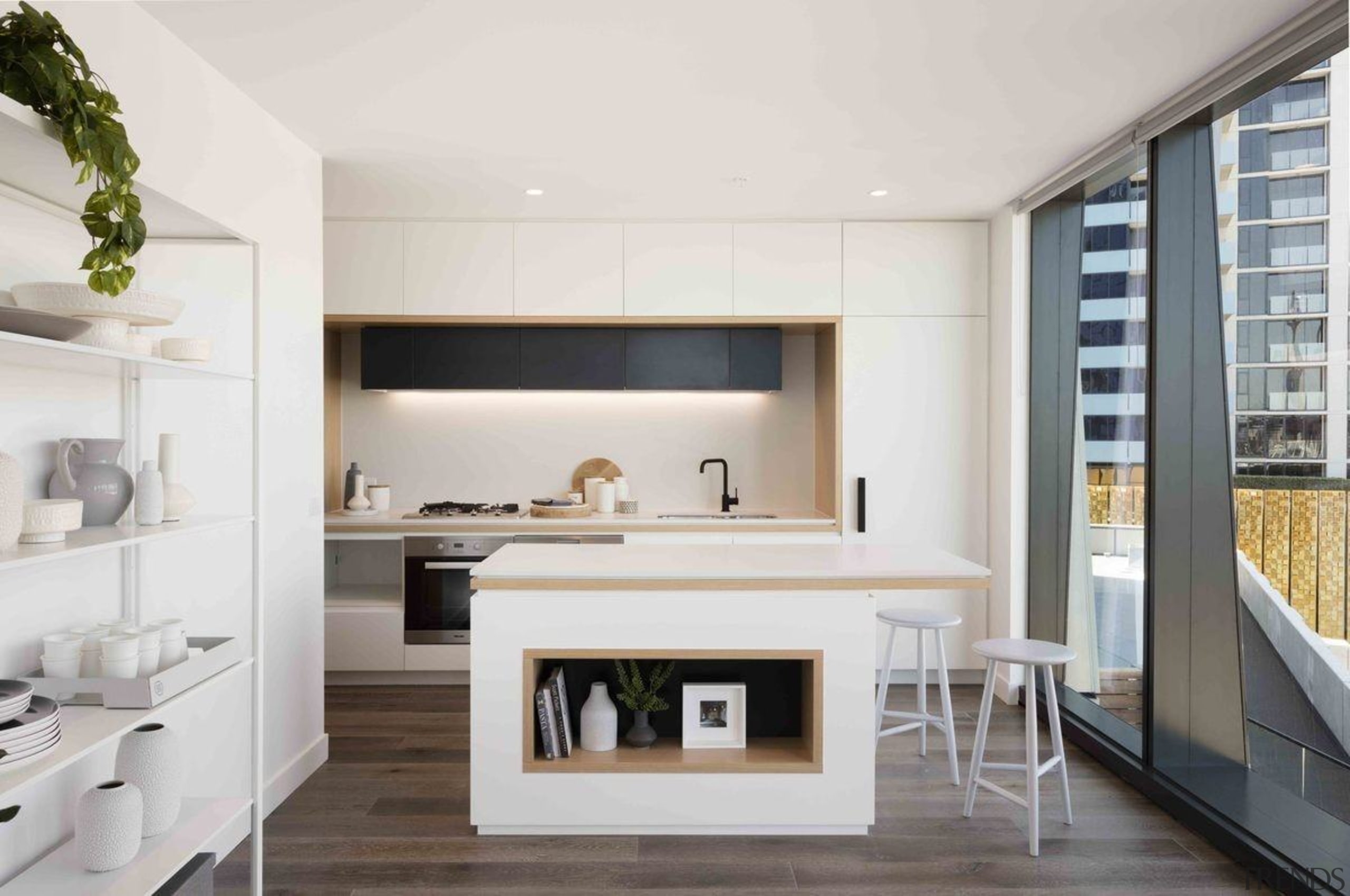 Promenade Aqui by Woods Bagot - Promenade Aqui interior design, kitchen, living room, white