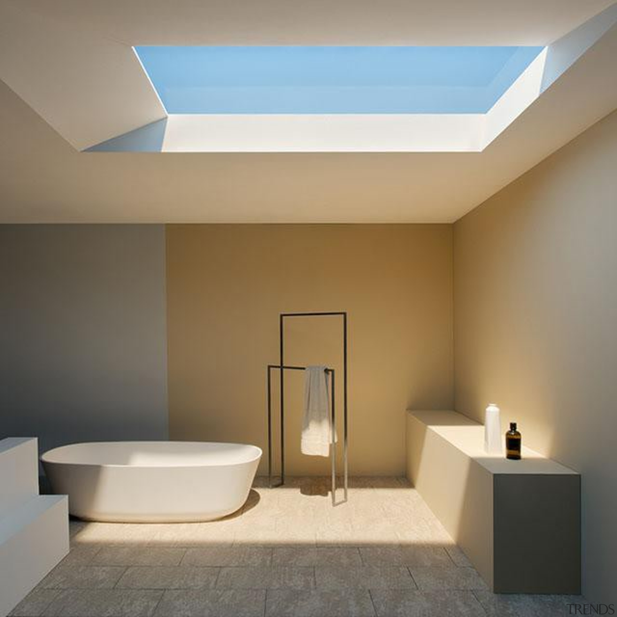 Take a close look at the skylight in architecture, bathroom, ceiling, daylighting, floor, home, interior design, lighting, product design, real estate, gray, brown