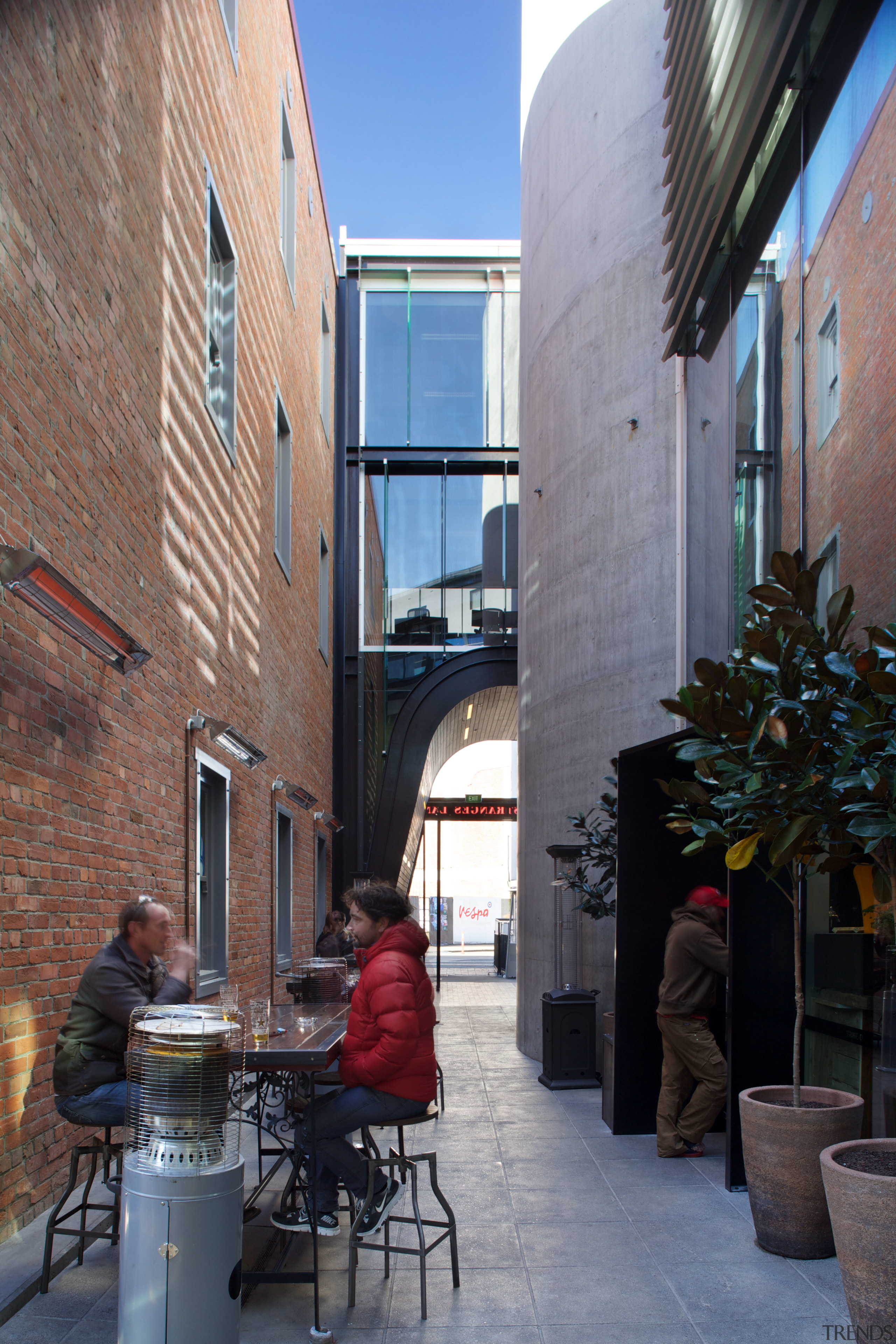 Contemporary commercial building in Christchurch with laneway bars alley, apartment, architecture, building, city, facade, house, neighbourhood, road, street, town, window, gray, black