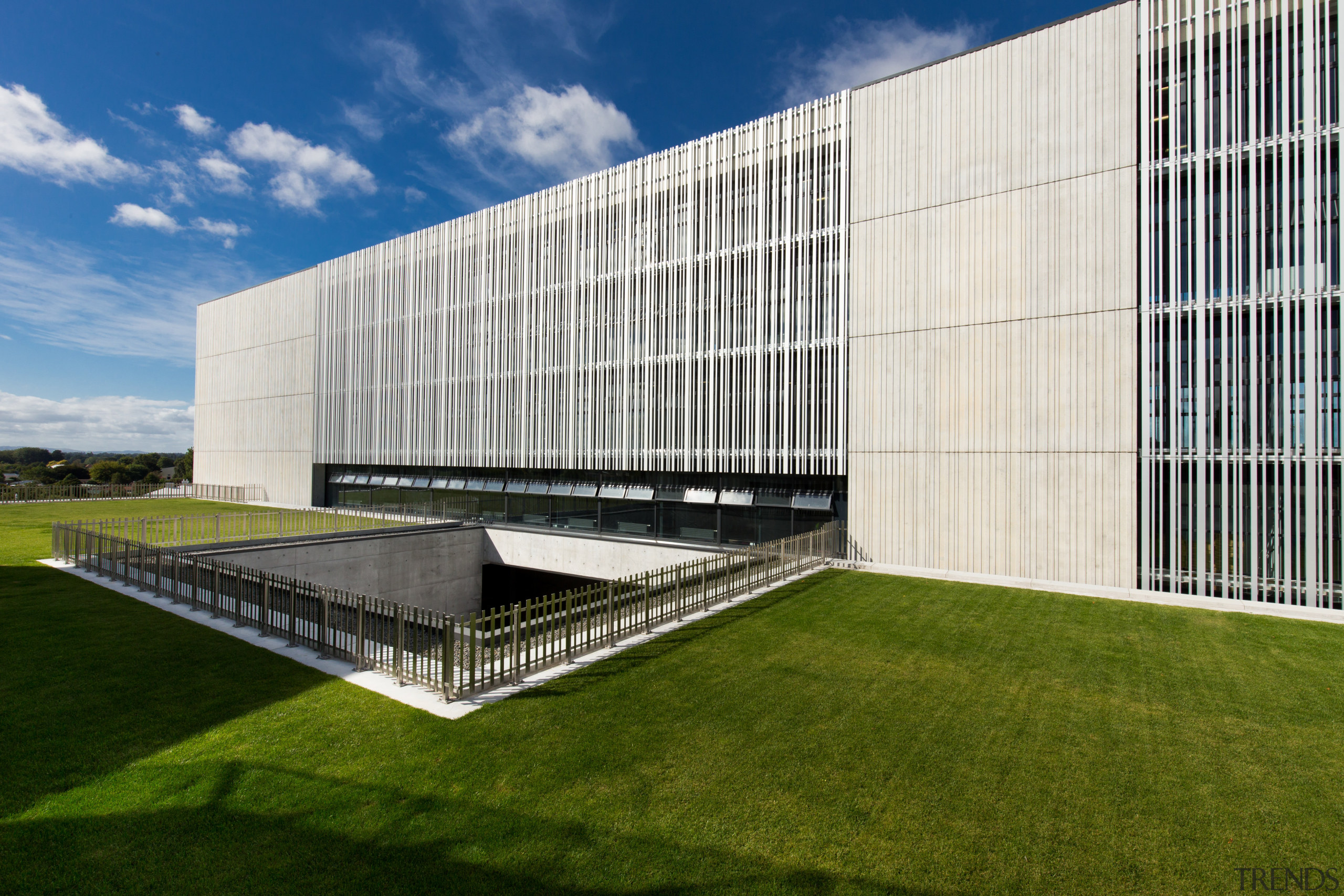 The University of Waikatos new concrete and glass architecture, building, corporate headquarters, facade, grass, headquarters, real estate, sky, brown, white