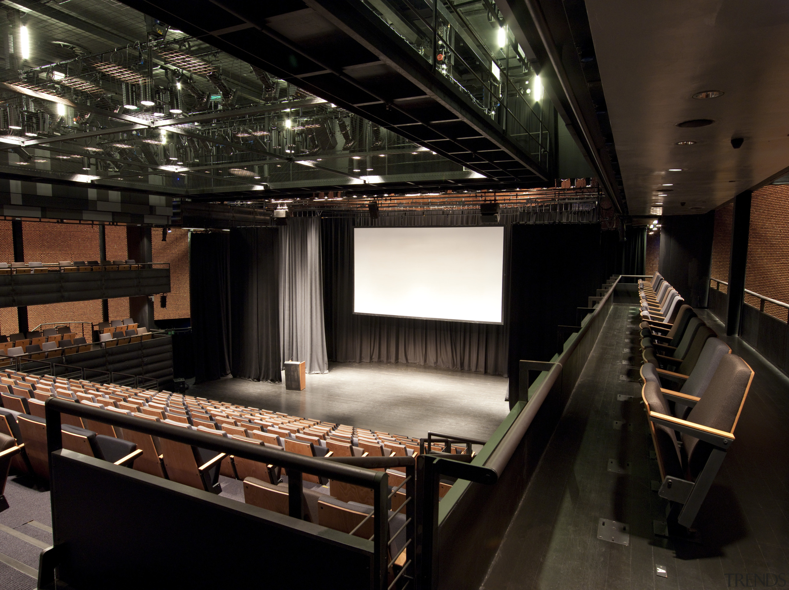 Interior view of the theatre with cascading seating, interior design, performing arts center, theatre, black