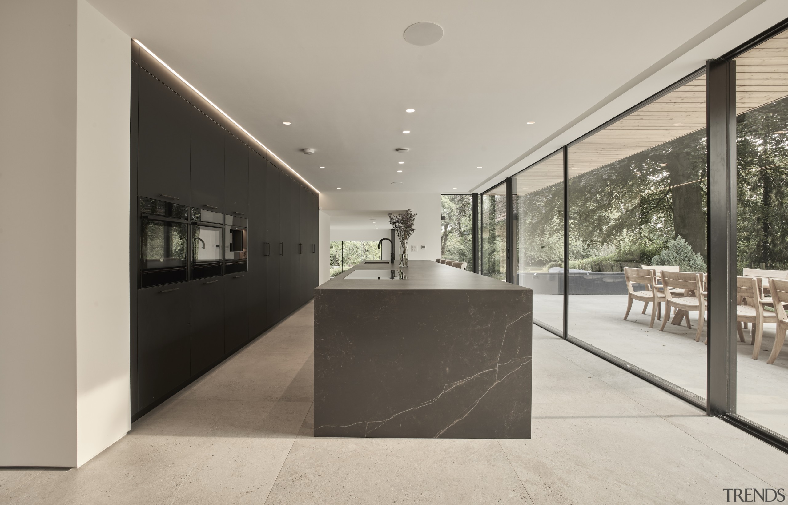 The gleaming new kitchen and its outlook. - 