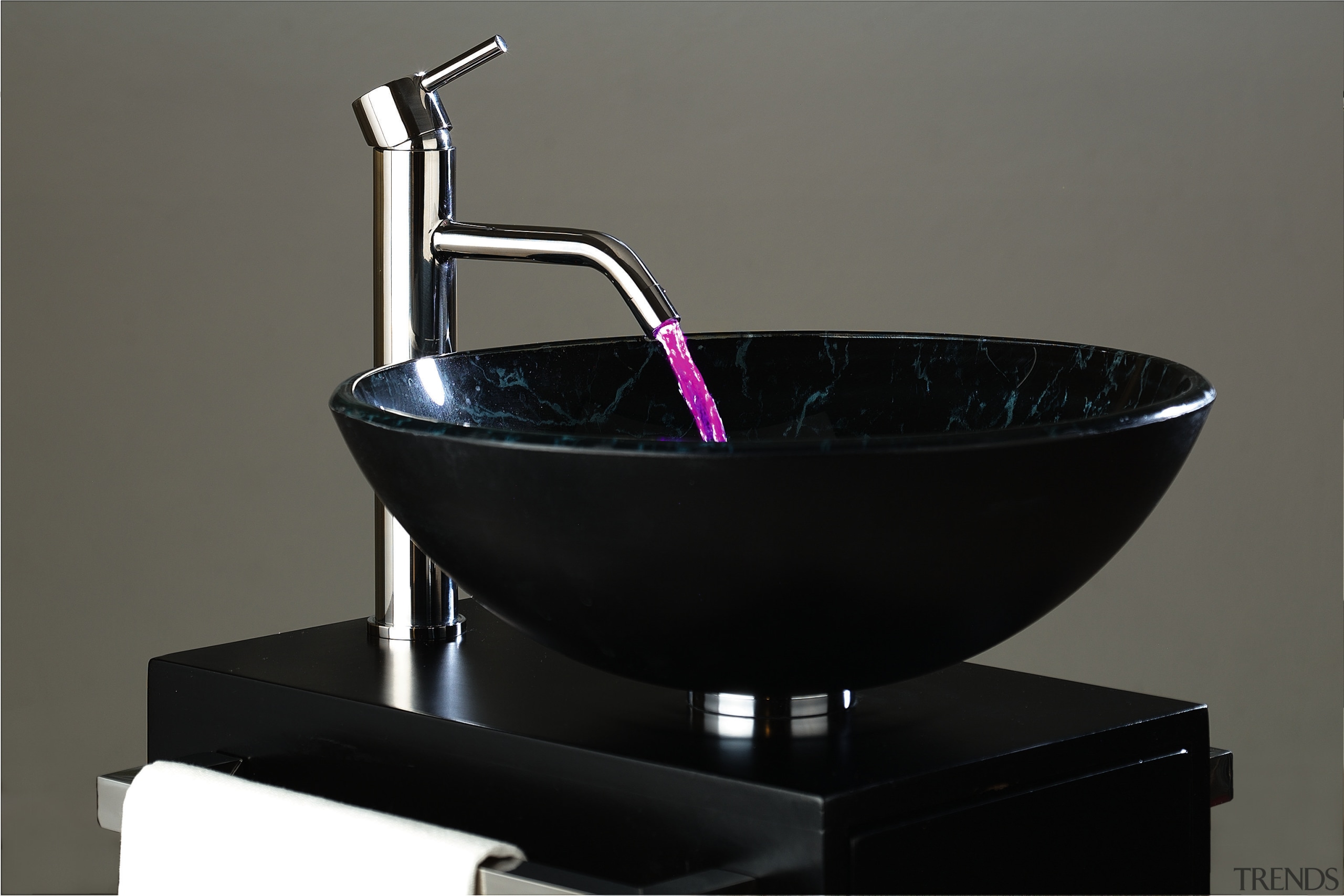 A view of some bathroomware by Equa. - bathroom sink, plumbing fixture, product, product design, purple, sink, tap, gray, black