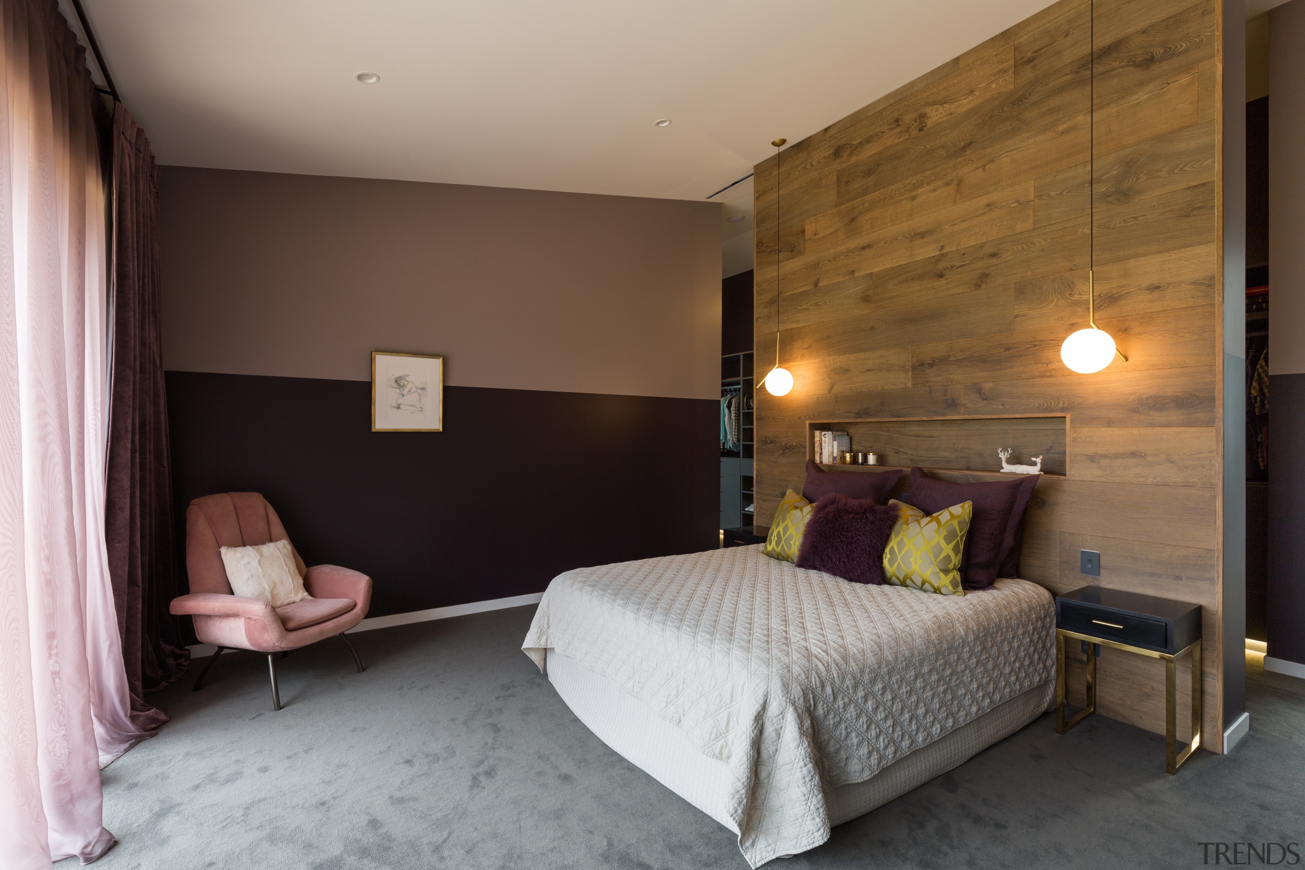 A brushed oak timber wall forms the bedhead architecture, bed, bed frame, bedroom, ceiling, floor, furniture, home, house, interior design, property, real estate, room, suite, wall, wood, gray, brown, black