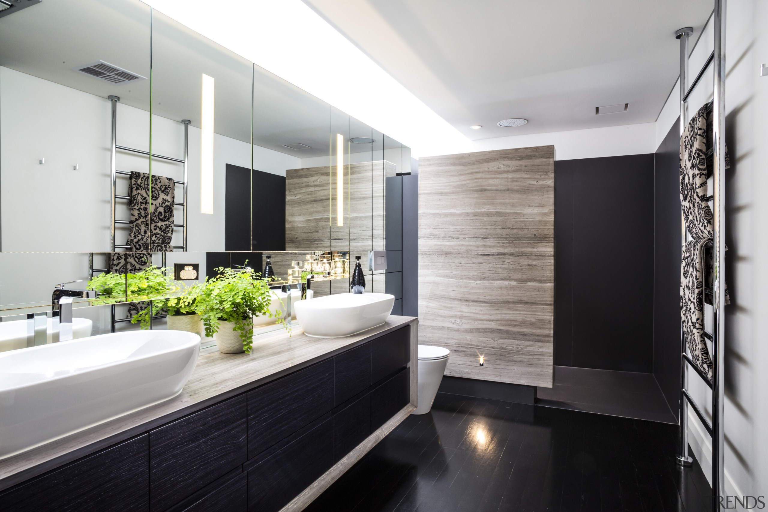 In this bathroom by designer Jason Saunders dark-veined architecture, bathroom, countertop, interior design, room, white, black