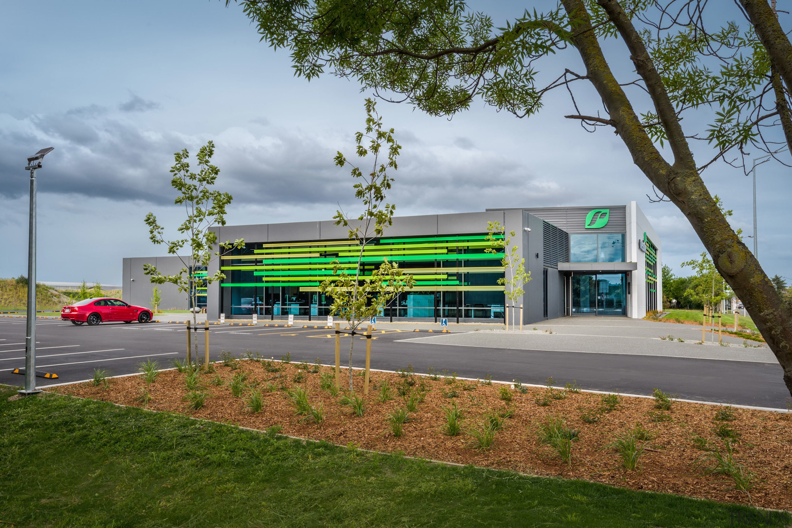 Vibrant contemporary facade elements and an ergonomic design architecture, corporate headquarters, facade, plant, real estate, structure, tree, gray, brown