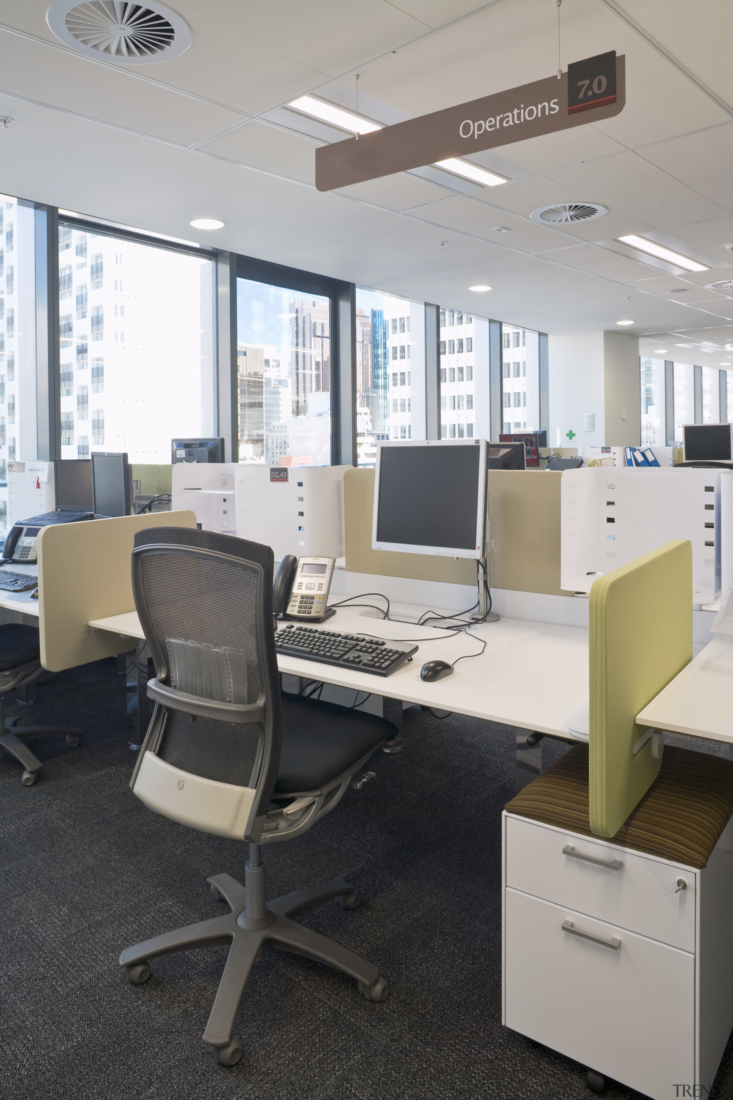 Interior view of office space inside the Westpac desk, furniture, office, office chair, product design, gray, black