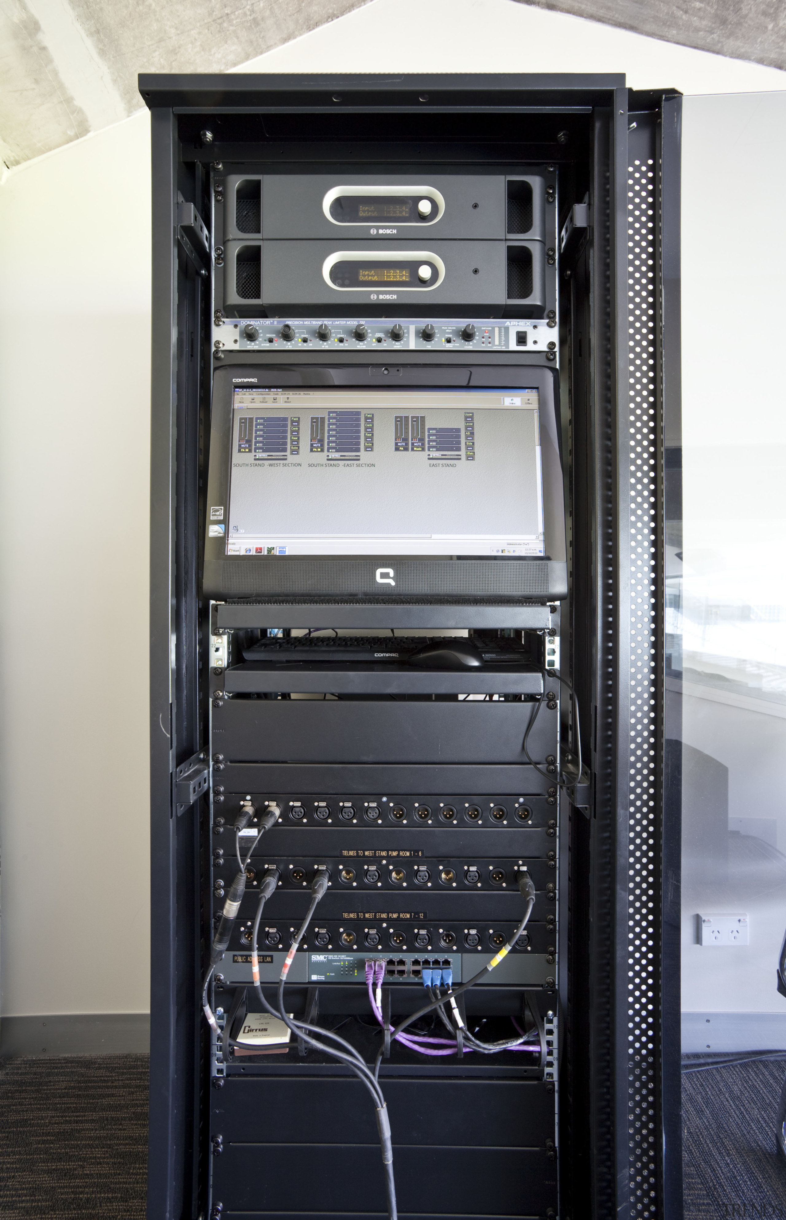 View of sound equipment at Eden Park which computer case, electronic device, electronics, server, system, technology, black, white