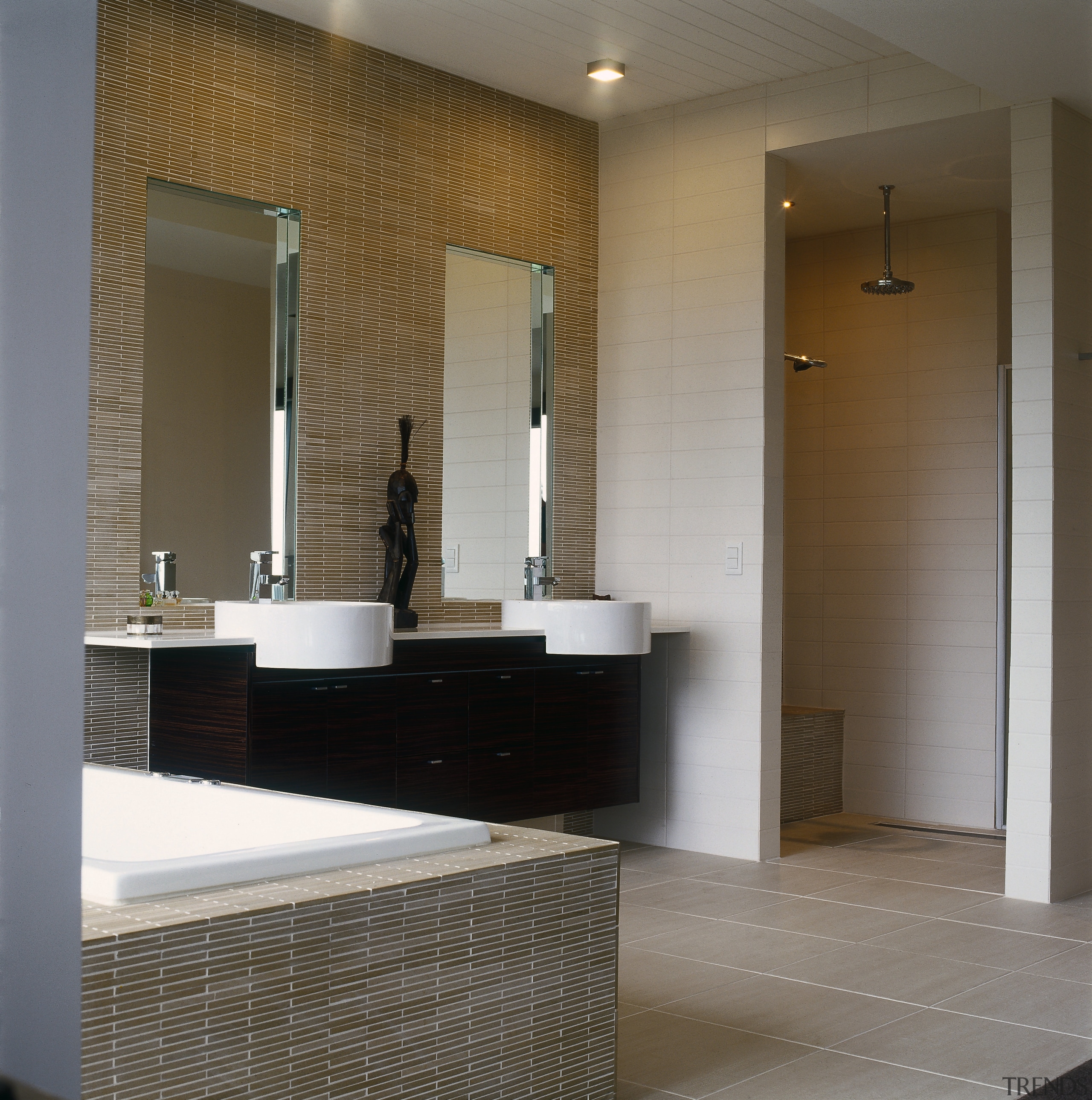 view of this bathroom featuring tiled flooring, timber architecture, bathroom, ceiling, floor, flooring, interior design, lobby, room, sink, tile, wall, gray, brown