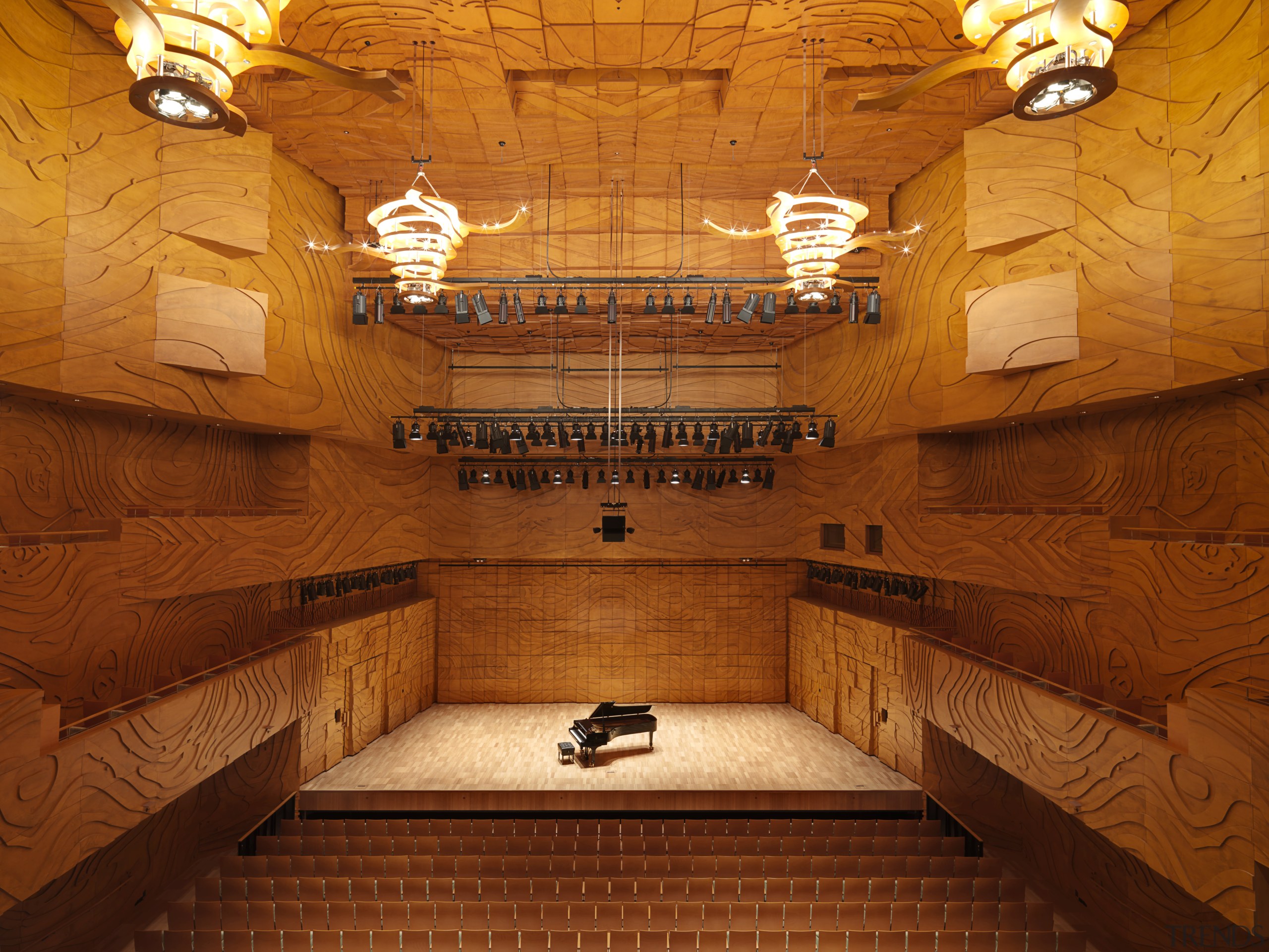 Interior view of the theatre within the MTC architecture, ceiling, interior design, lighting, wall, wood, brown