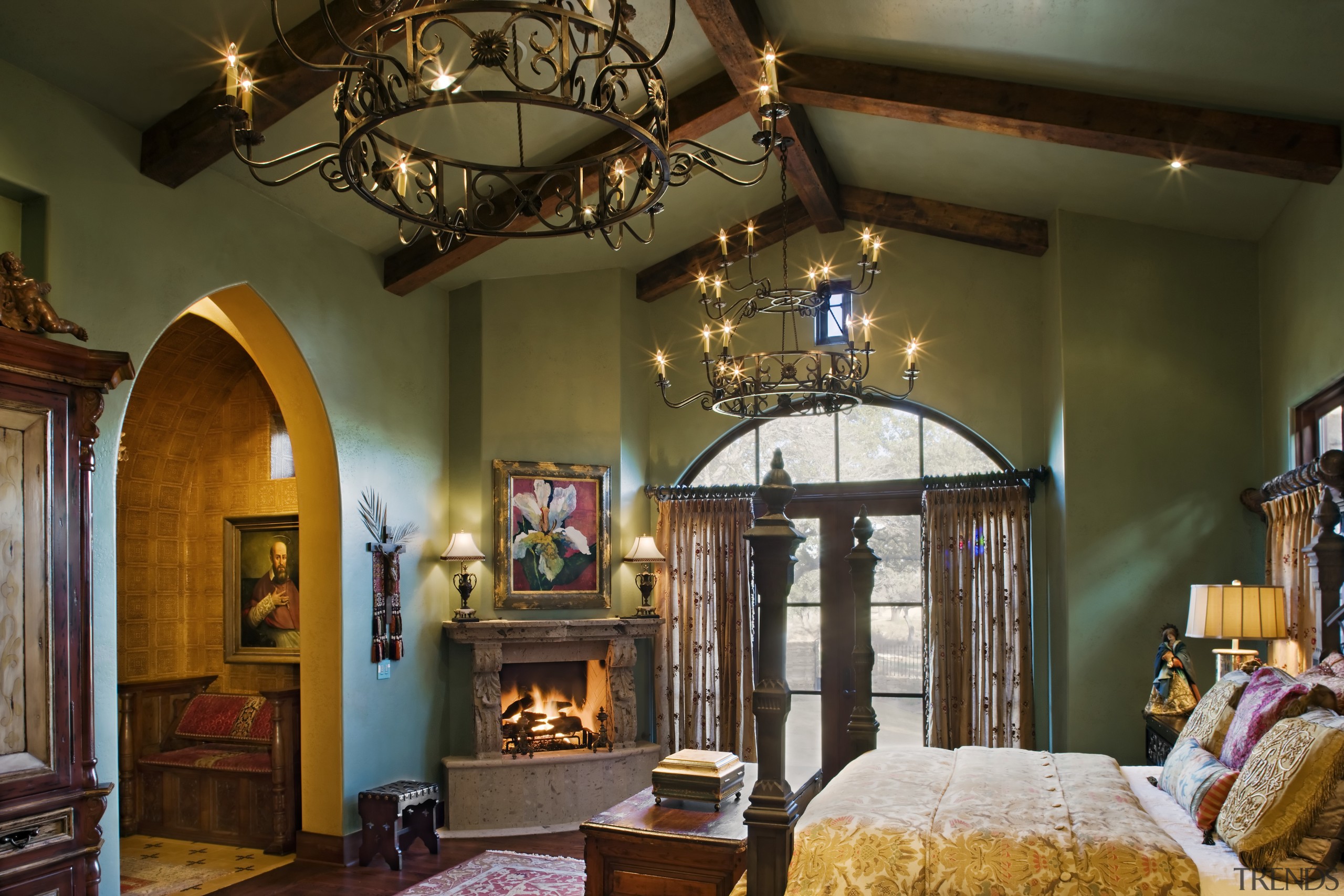 image of the master bedroom. Features four poster ceiling, estate, home, interior design, living room, room, brown