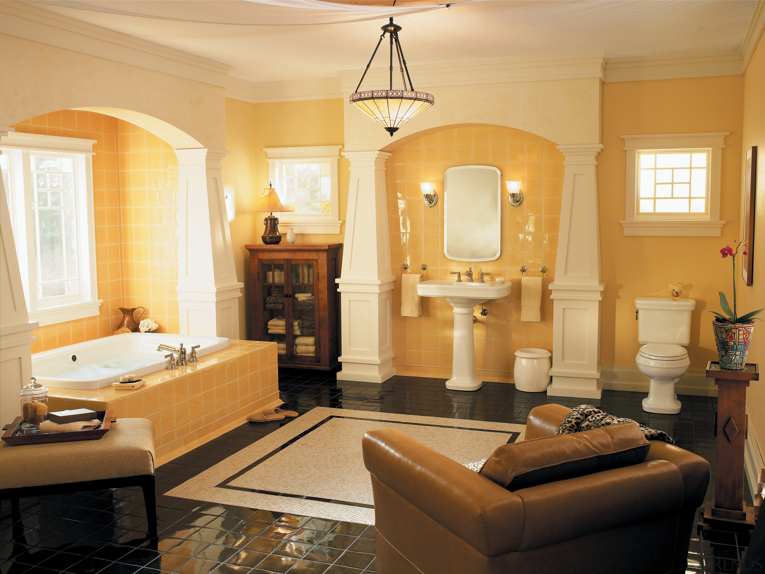 View of large bathroom suite with yellow and ceiling, estate, floor, home, interior design, living room, real estate, room, orange