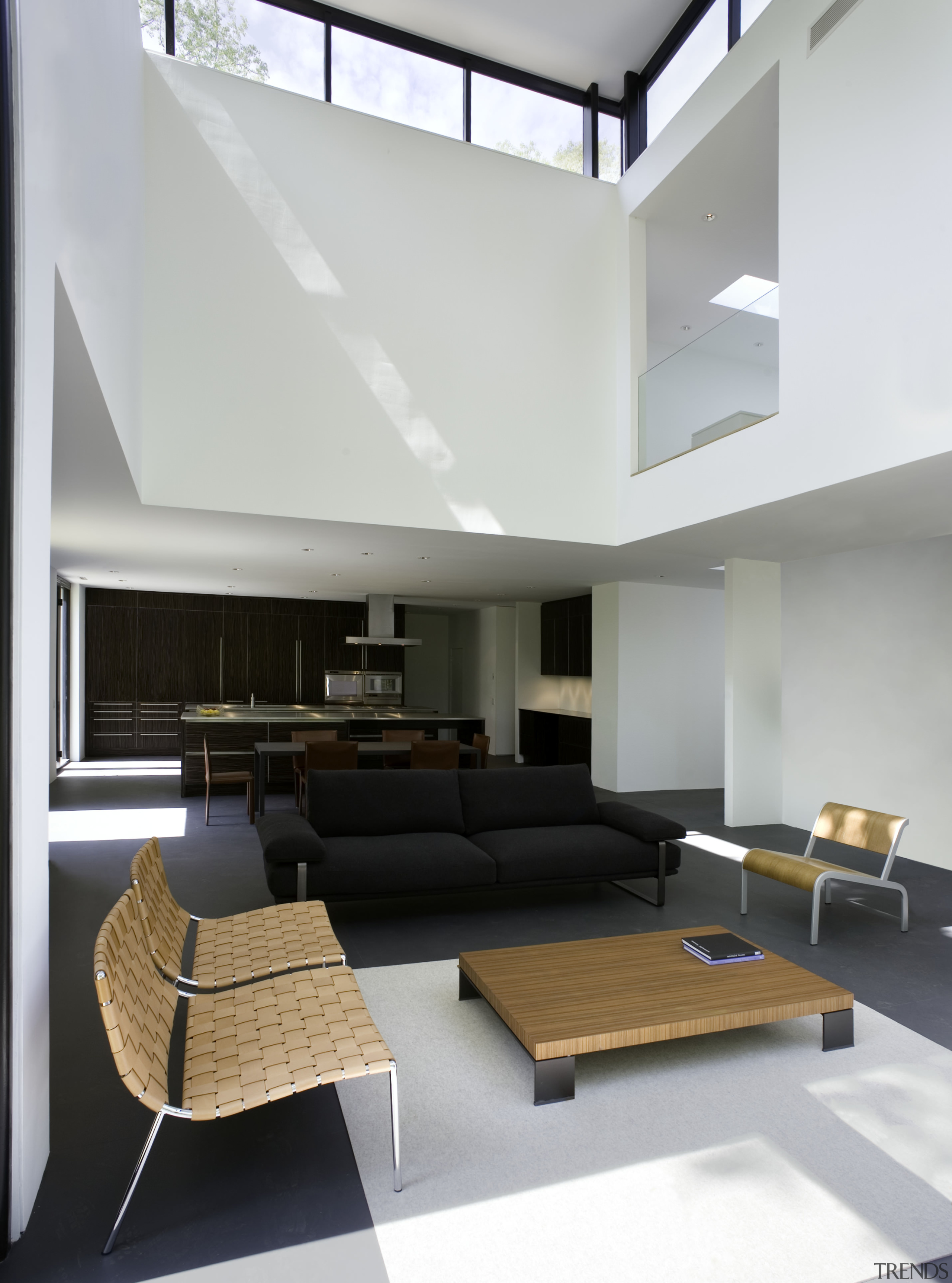 White walls and dark or wooden furniture and angle, architecture, ceiling, daylighting, floor, furniture, house, interior design, interior designer, living room, loft, product design, table, gray, white