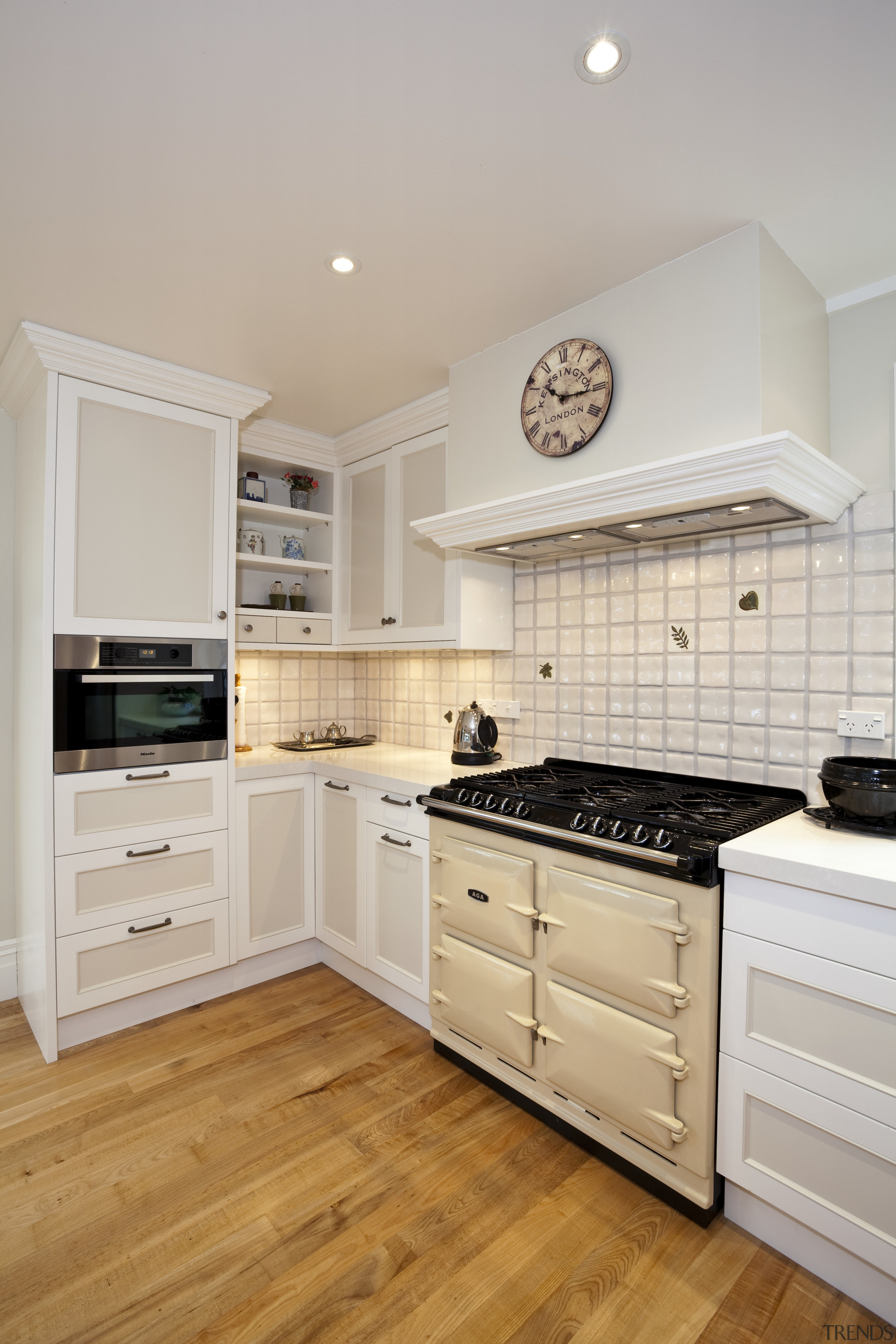 View of a traditional-styled kitchen which features timber cabinetry, countertop, cuisine classique, floor, flooring, hardwood, home, home appliance, interior design, kitchen, laminate flooring, room, wood flooring, gray