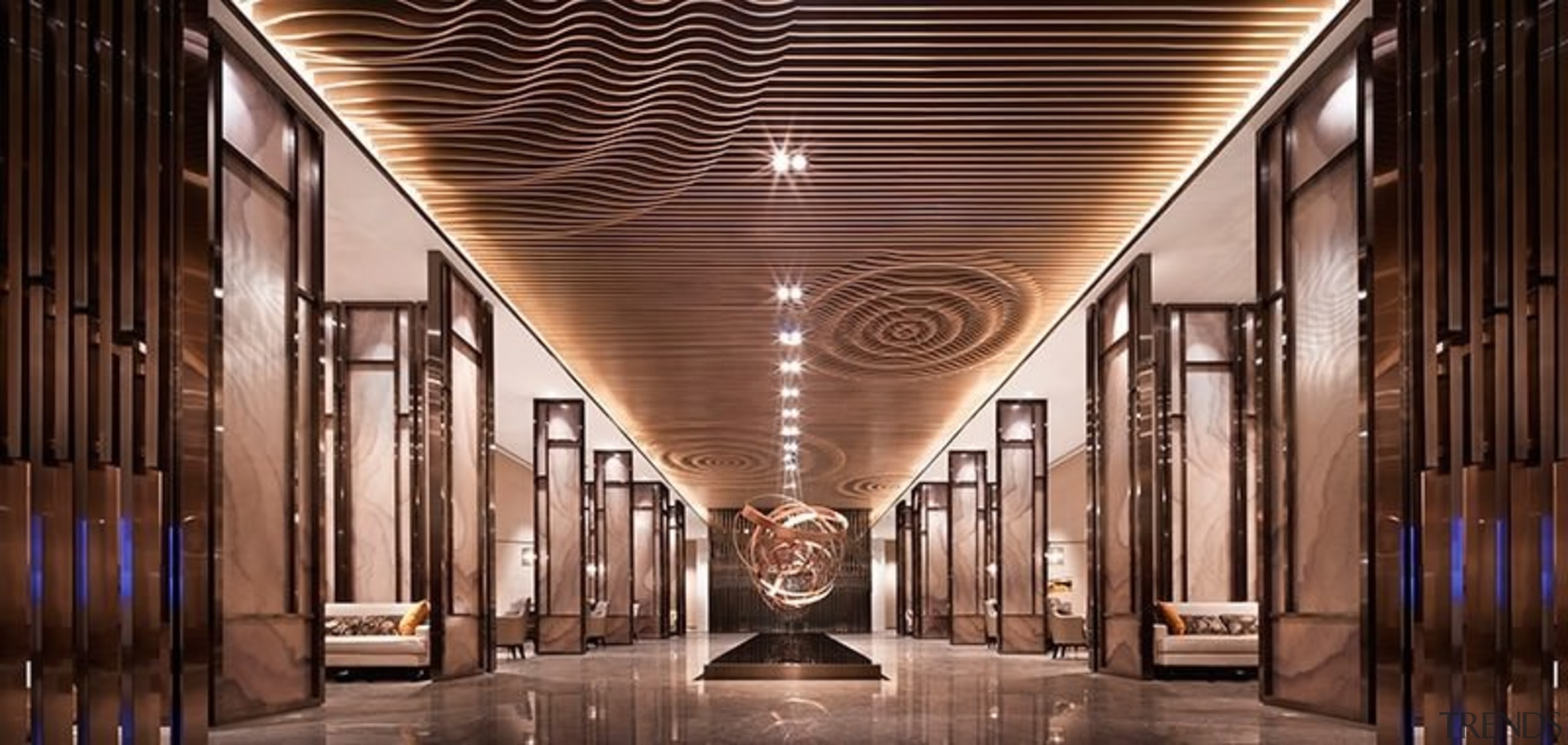 Wood slats run along the ceiling, with wave architecture, ceiling, interior design, lighting, lobby, structure, symmetry, brown