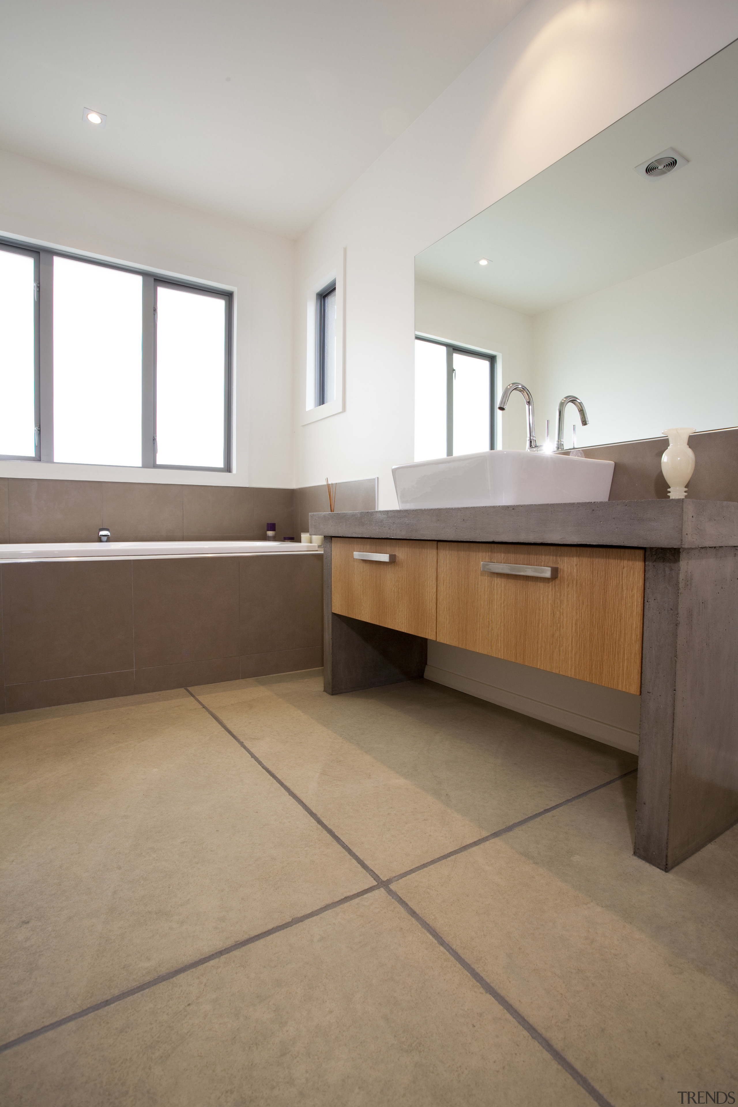 View of neutral-toned Peter Fell home - View architecture, bathroom, daylighting, floor, flooring, furniture, hardwood, home, interior design, laminate flooring, property, real estate, room, sink, tile, wall, wood, wood flooring, brown, white