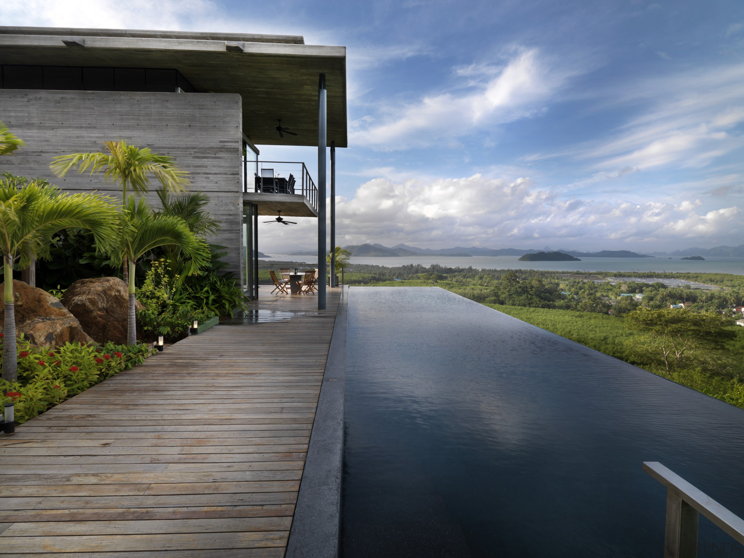 View of modern home designed by Design Unit architecture, cottage, estate, home, house, landscape, property, real estate, reflection, sky, walkway, water, gray