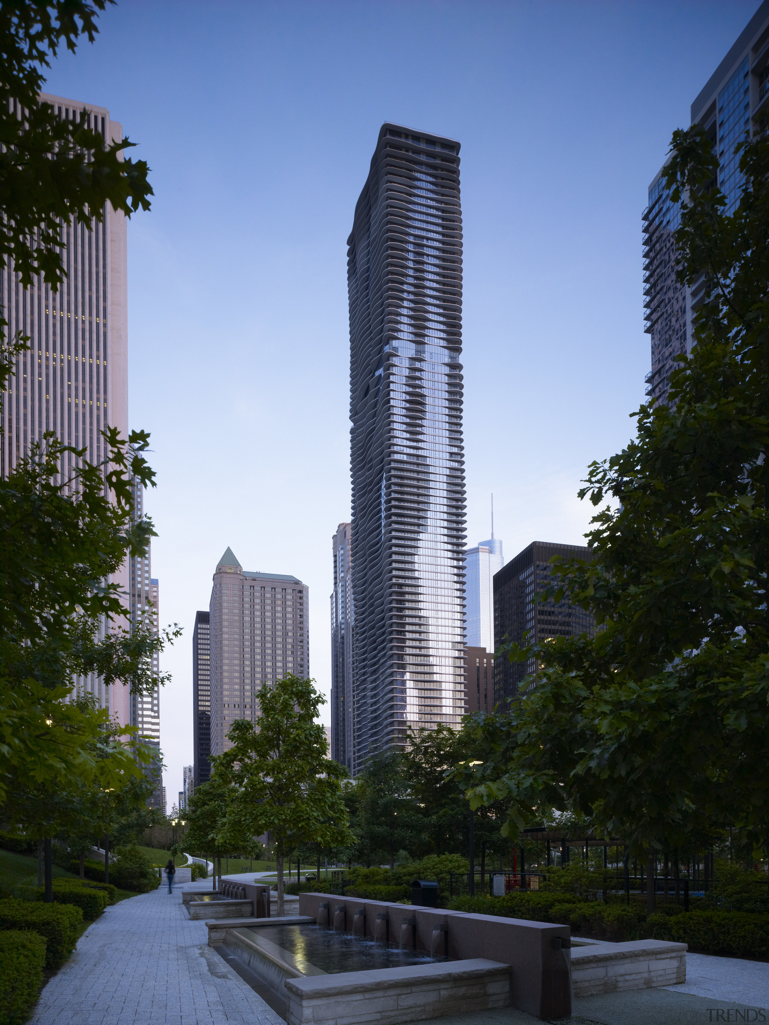 Exterior view of the Aqua Tower in Chicago architecture, building, city, condominium, corporate headquarters, daytime, downtown, estate, headquarters, landmark, metropolis, metropolitan area, mixed use, neighbourhood, real estate, reflection, residential area, sky, skyline, skyscraper, tower, tower block, tree, urban area, black