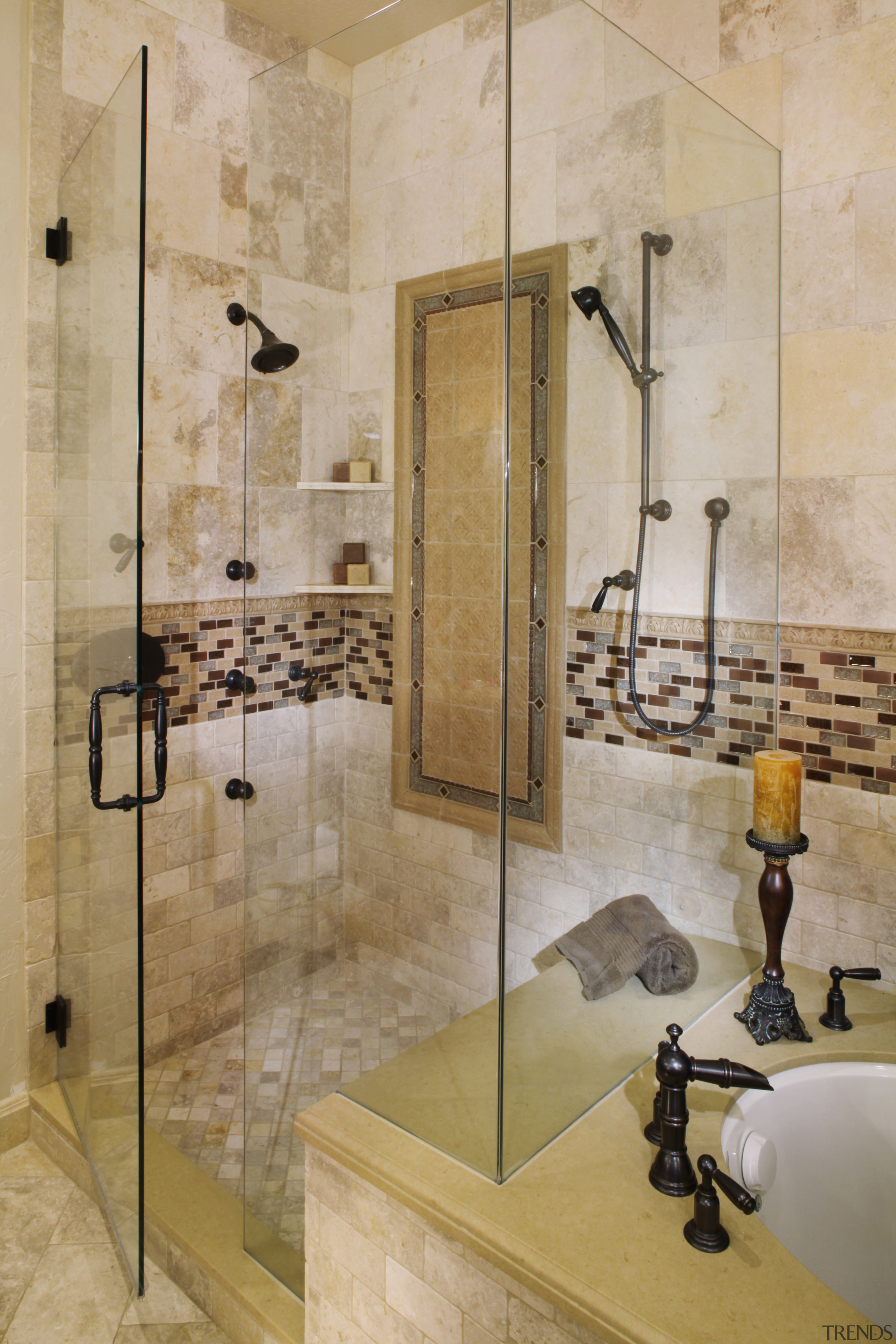 Shower by Kitchen Distributors - Shower by Kitchen bathroom, floor, flooring, glass, interior design, plumbing fixture, room, shower, tile, wall, gray, brown