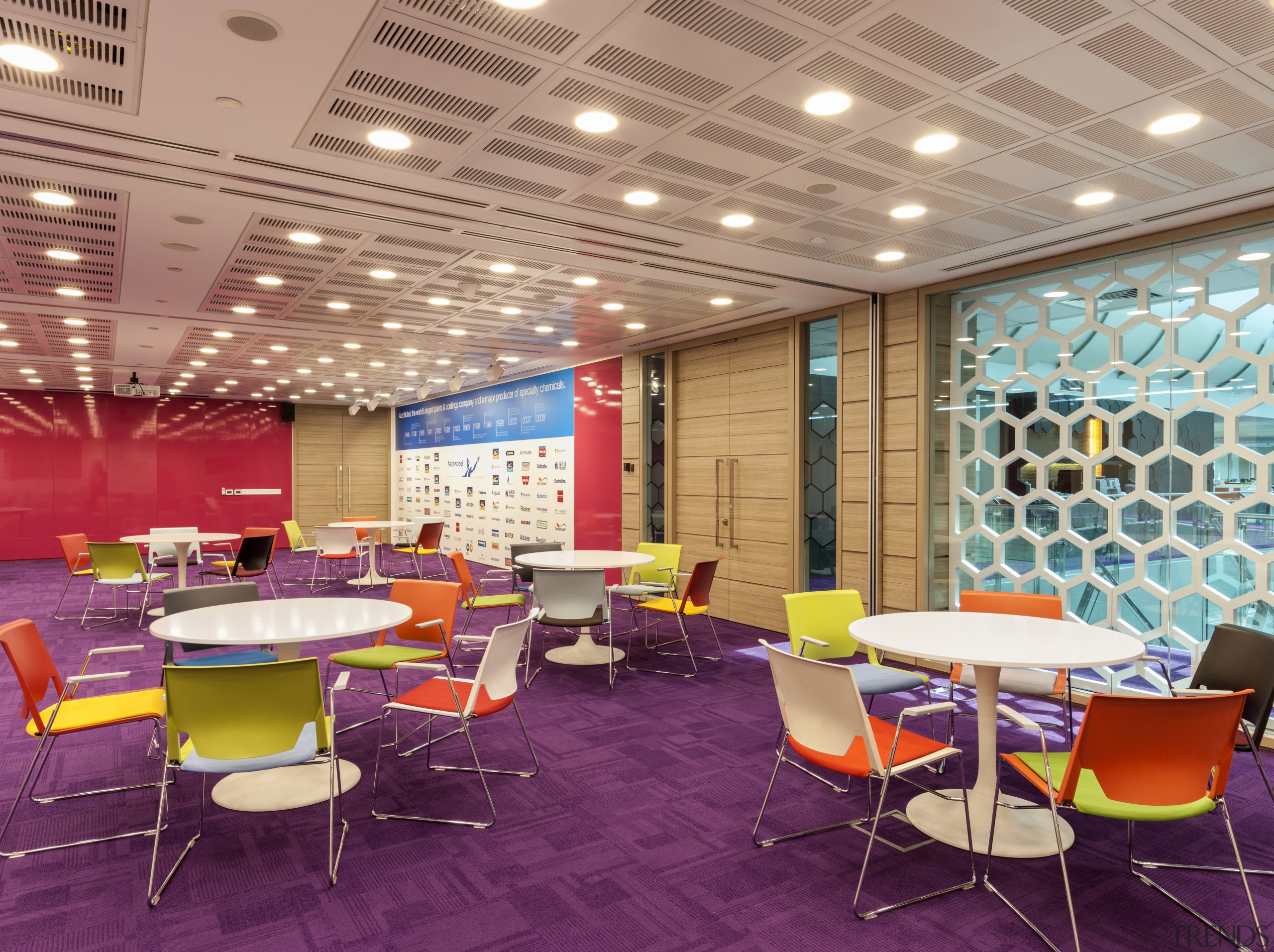 AkzoNobel House (Singapore)  Interior design - AkzoNobel House cafeteria, ceiling, conference hall, function hall, furniture, interior design, lobby, office, table, orange