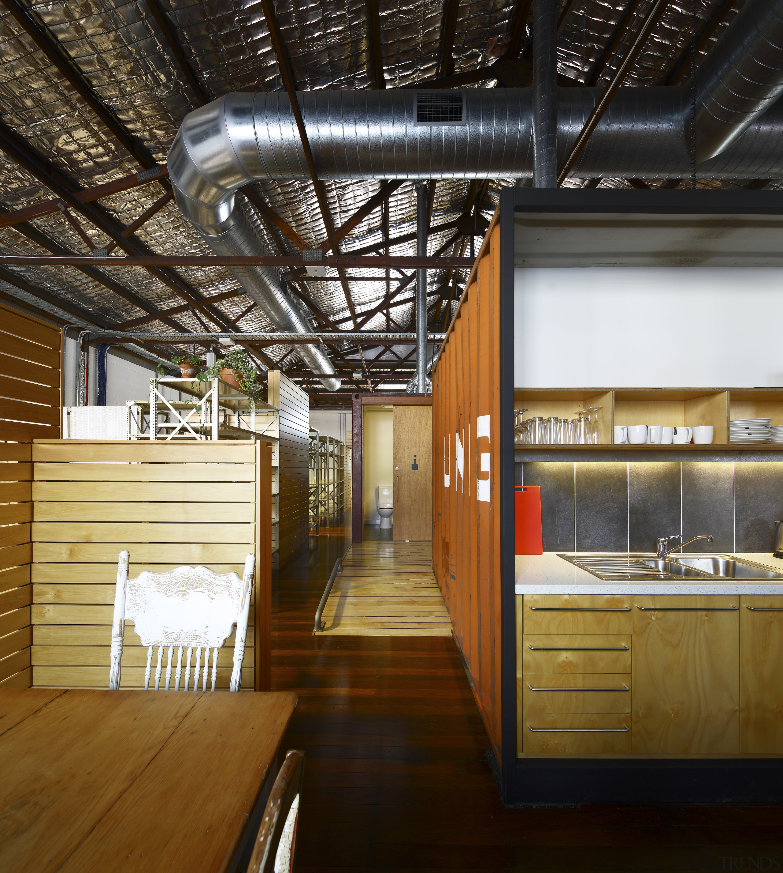 Interior view of office spaces at Light Space ceiling, interior design, loft, brown, black