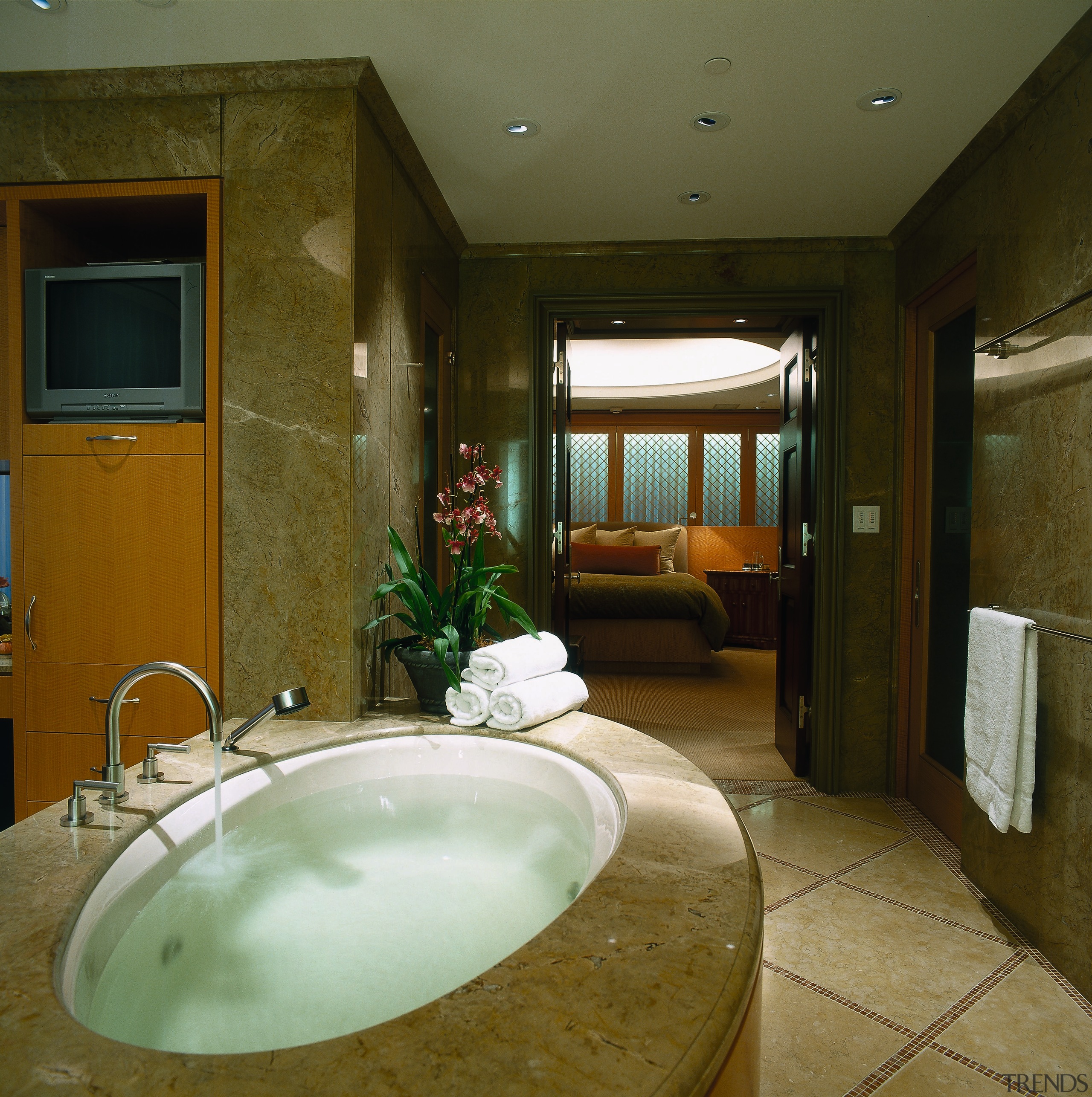 View of this modern bathroom - View of bathroom, ceiling, estate, interior design, real estate, room, suite, brown