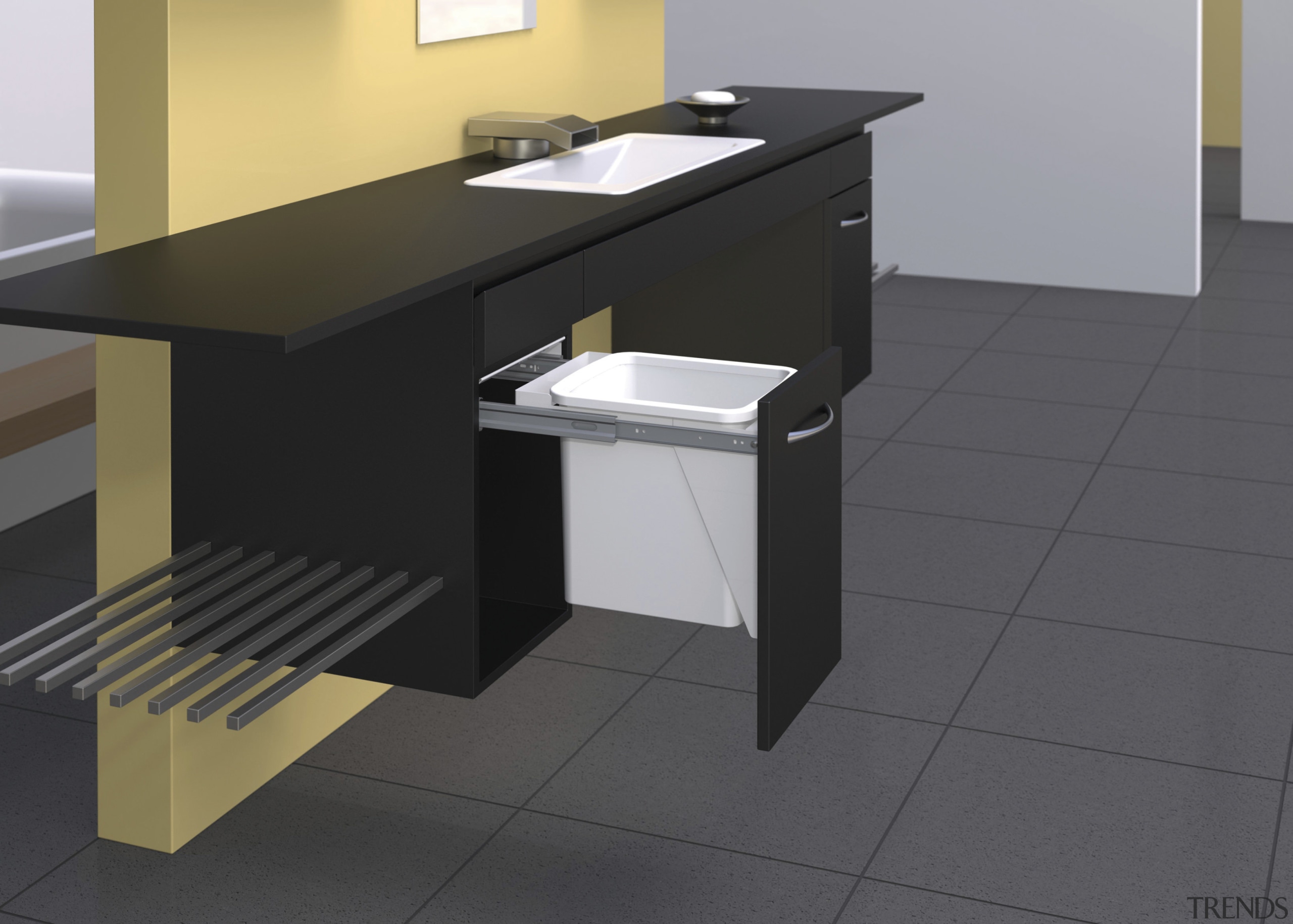 Stow away bins by Kitchen King. - Stow angle, desk, floor, furniture, office, product design, table, gray, black