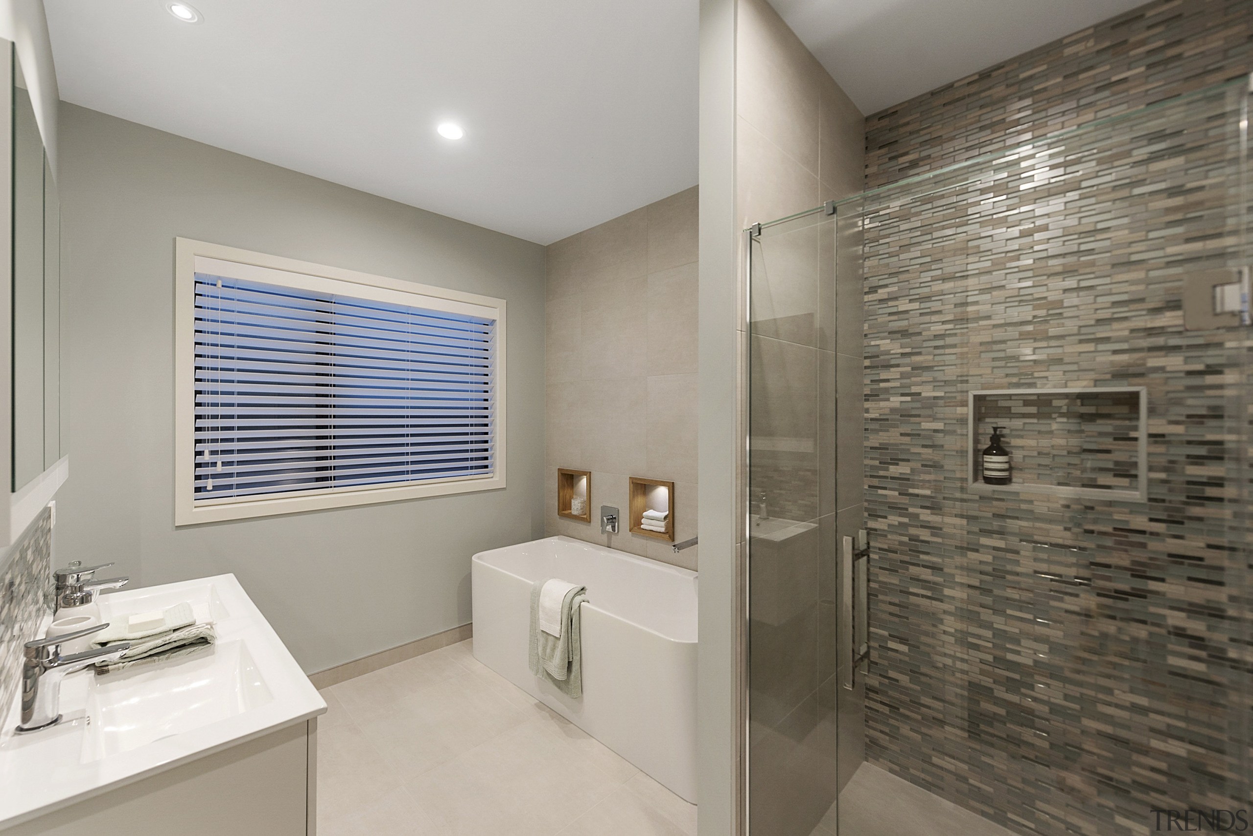 This Hamilton showhome has an upmarket master ensuite bathroom, floor, home, interior design, real estate, room, gray