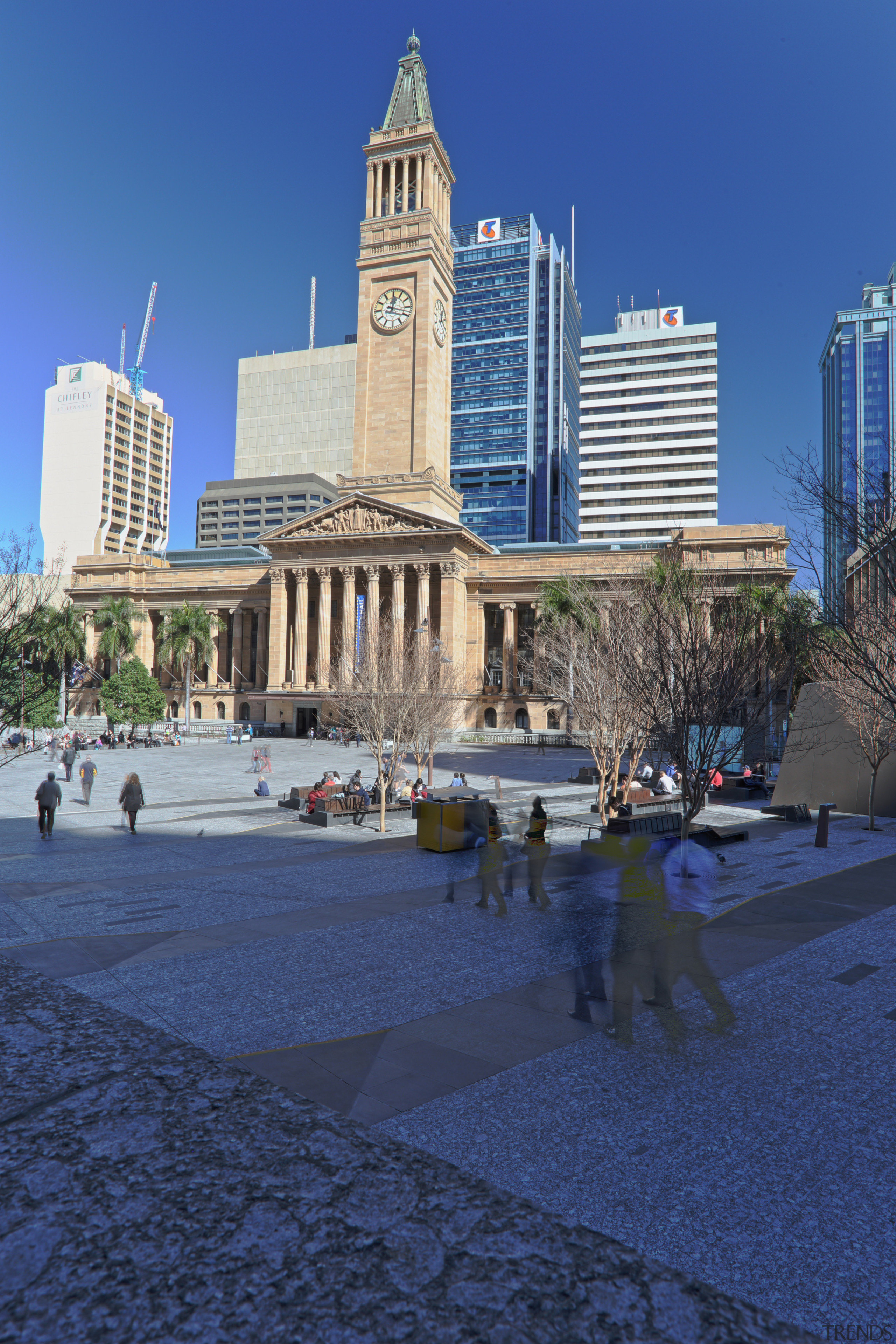 Brisbane City Hall has been restored and updated architecture, building, city, cityscape, daytime, downtown, landmark, metropolis, metropolitan area, plaza, reflection, sky, skyline, skyscraper, tourist attraction, tower, tower block, town square, tree, urban area, blue