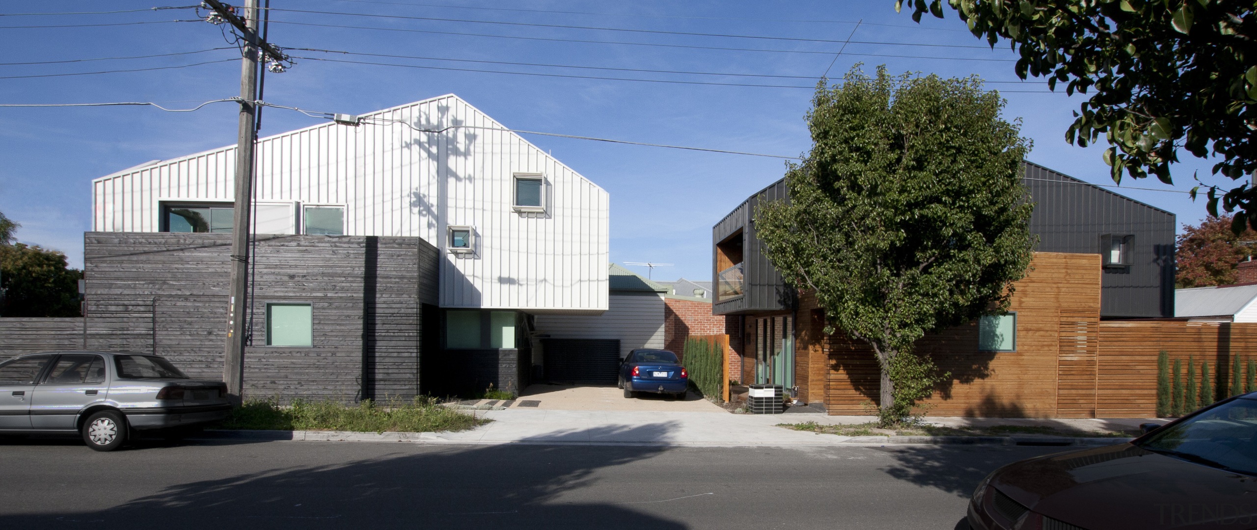 facade from street - two houses. - facade architecture, building, facade, family car, home, house, luxury vehicle, neighbourhood, property, real estate, residential area, suburb, black
