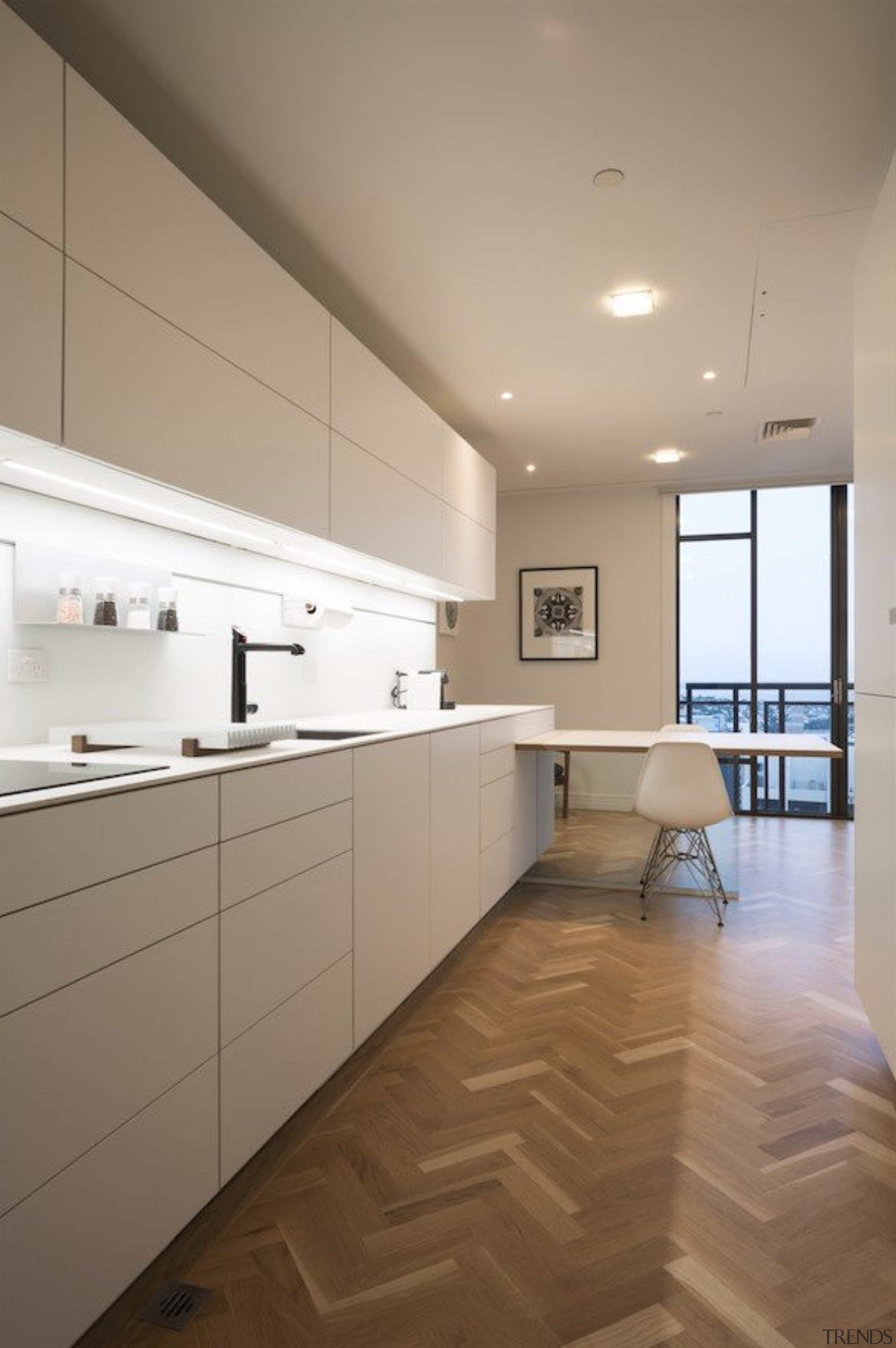 Highly Commended in the Category Imported Kitchen - architecture, cabinetry, ceiling, countertop, daylighting, floor, flooring, hardwood, interior design, kitchen, laminate flooring, real estate, room, tile, wood, wood flooring, gray, brown