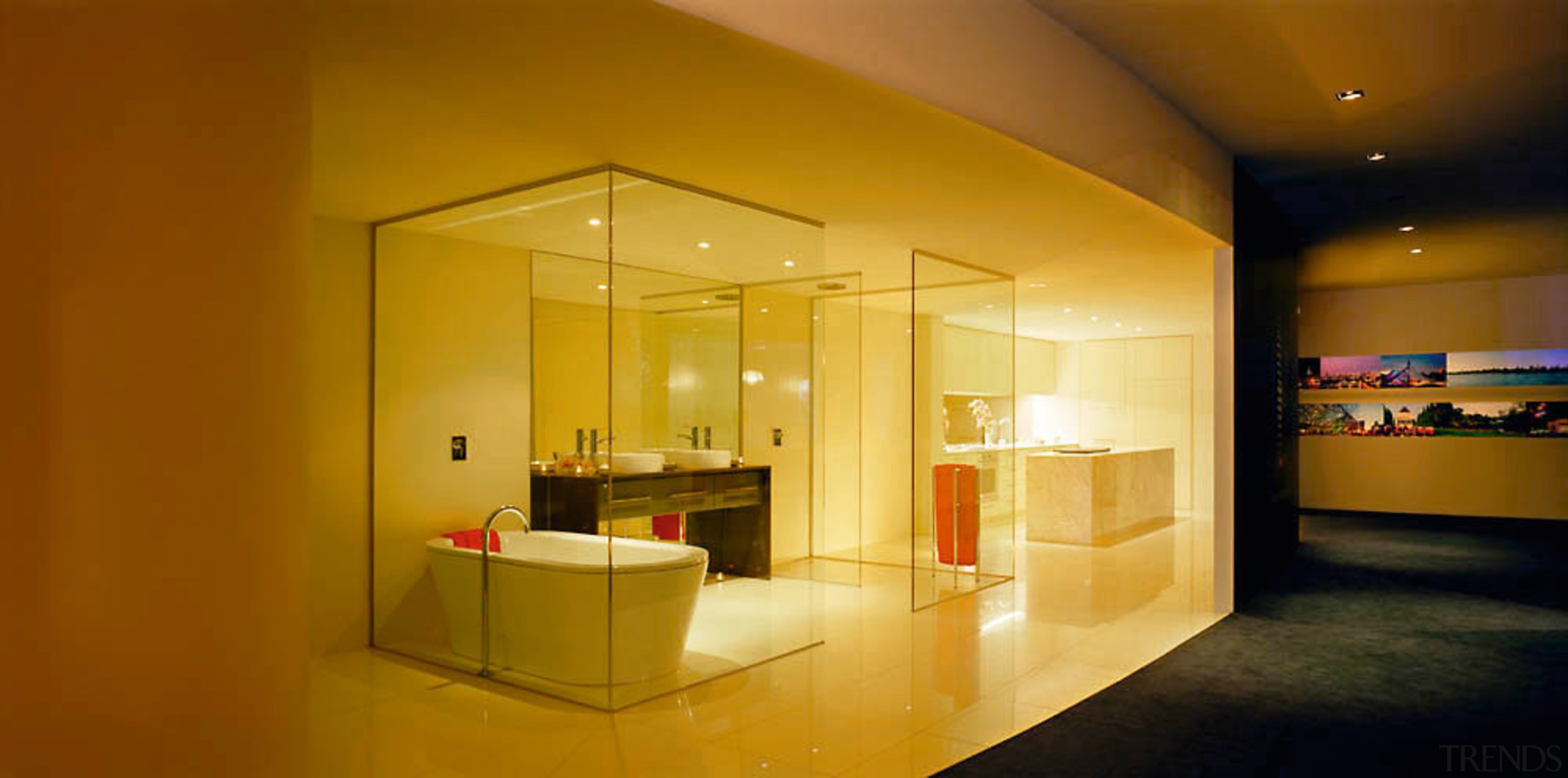 Apartment ensuite with glass wall panels, bath and architecture, ceiling, interior design, lighting, lobby, room, brown, orange