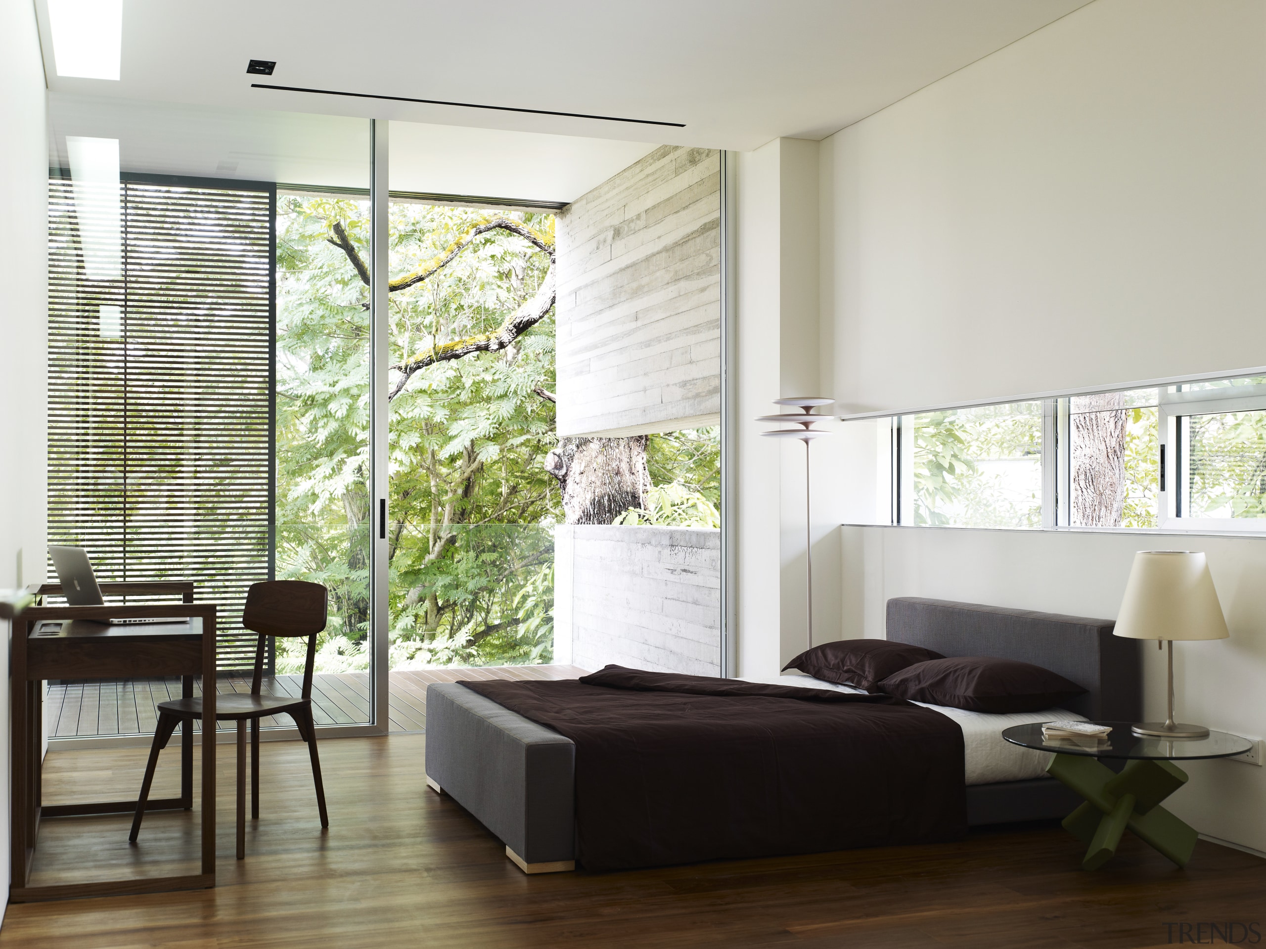 This bedroom in a new city house designed architecture, bed frame, ceiling, floor, furniture, home, interior design, living room, room, wall, window, window covering, window treatment, white