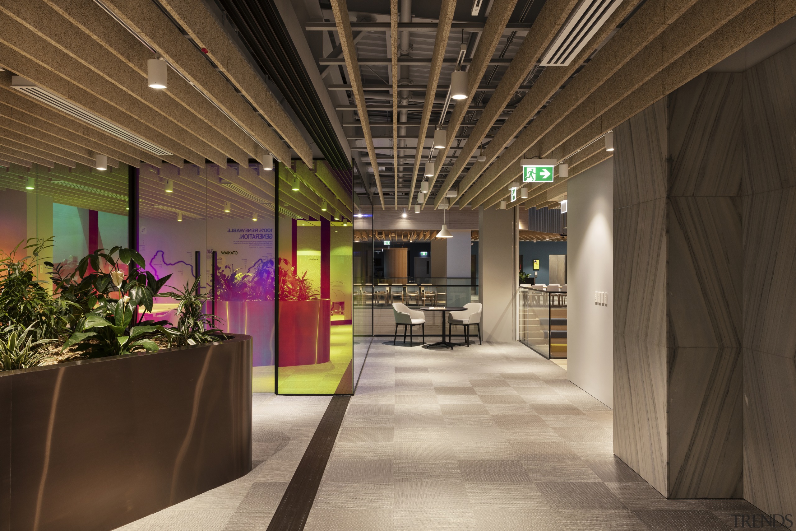 Light-catching dichroic film features on the on the Mercury, Warren and Mahoney,  architecture, building, design, floor, lighting, lobby, black, brown