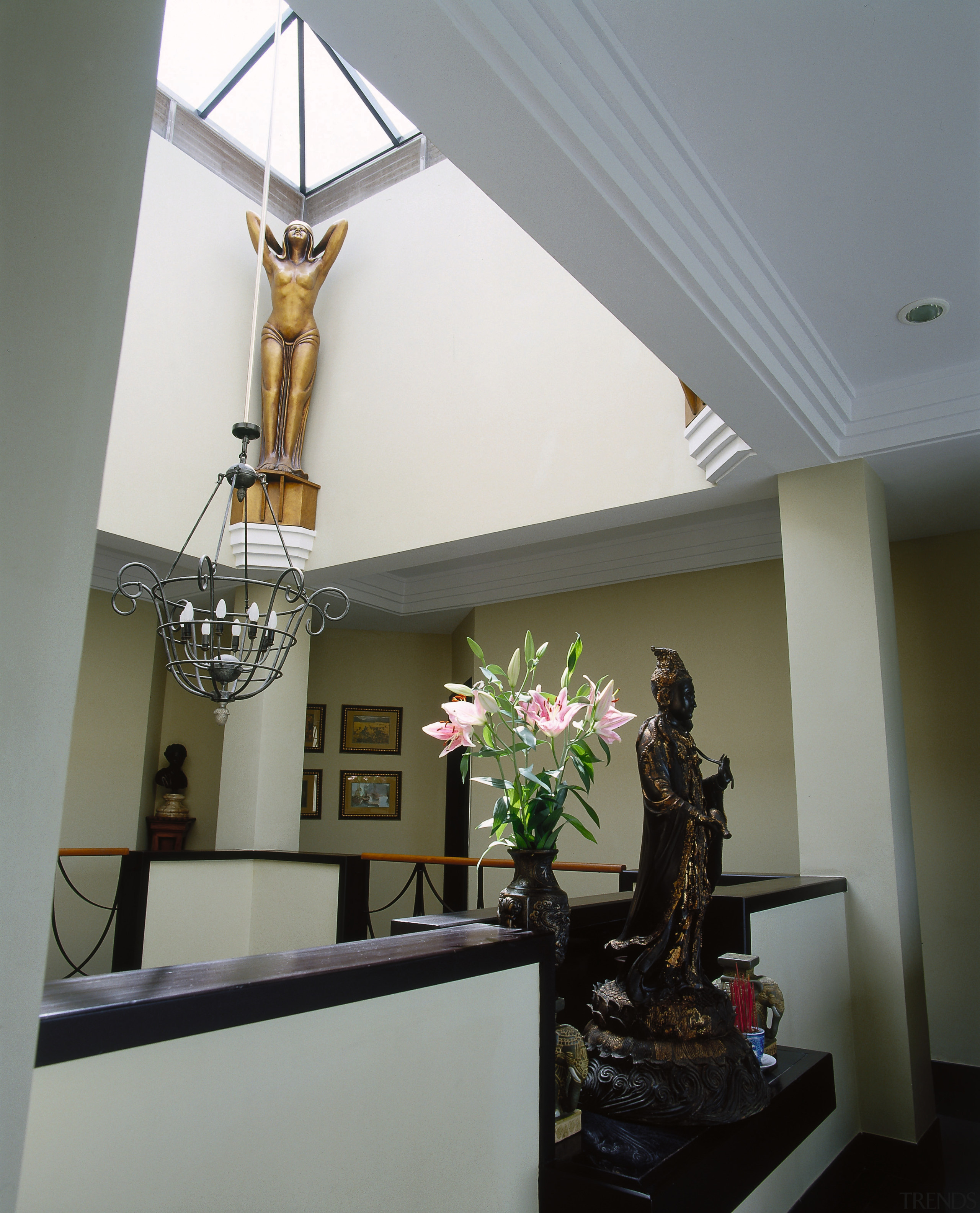 View of the top of the staircase - ceiling, home, house, interior design, light fixture, room, window, gray