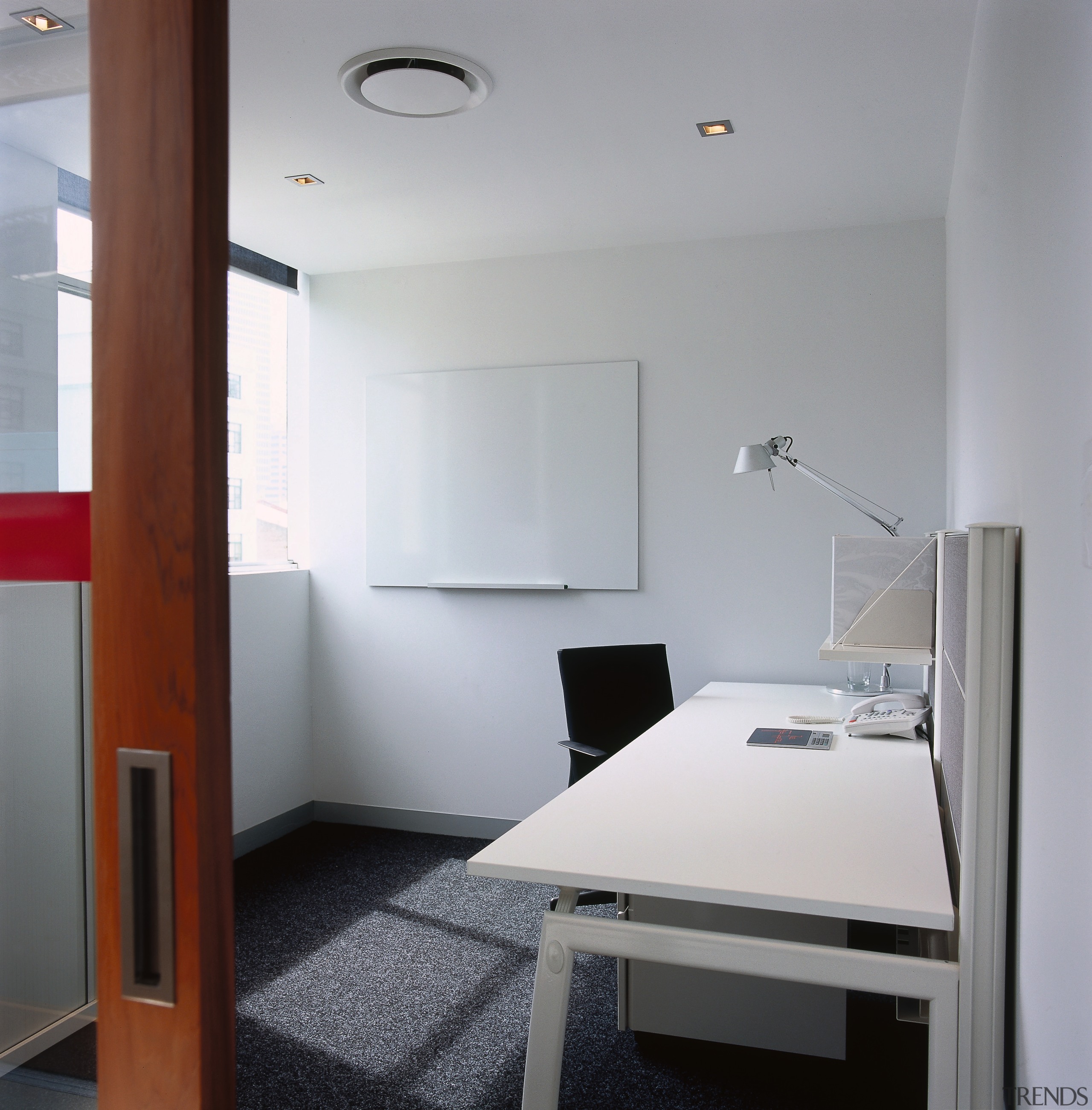 View of an office, white walls, wooden and architecture, ceiling, daylighting, floor, house, interior design, product design, room, gray