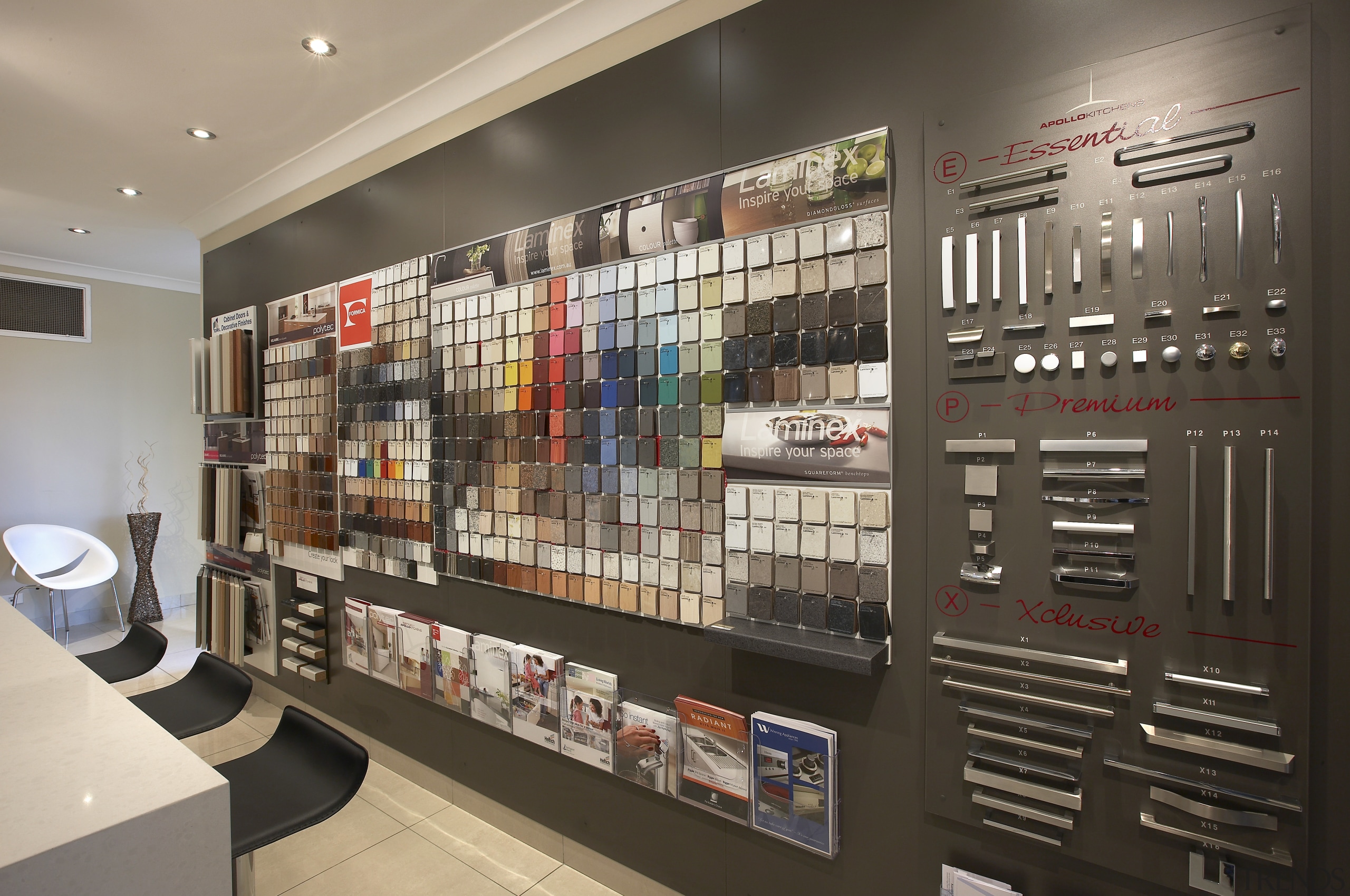 View of an Apollo Kitchens showroom which showcases interior design, retail, gray, black