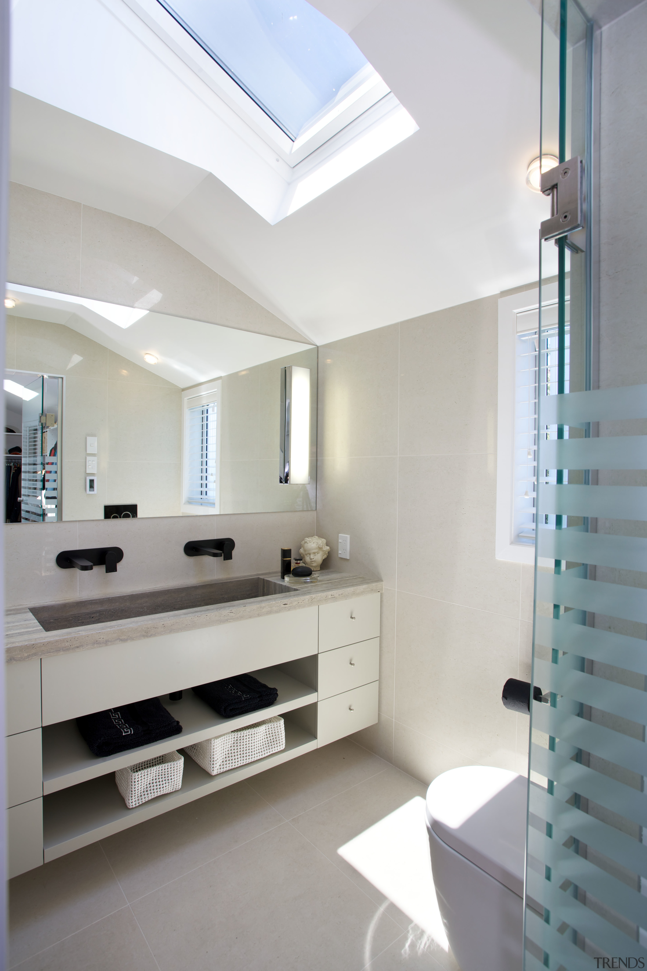 For this remodel, the designer specified a glass architecture, ceiling, daylighting, floor, home, interior design, room, gray