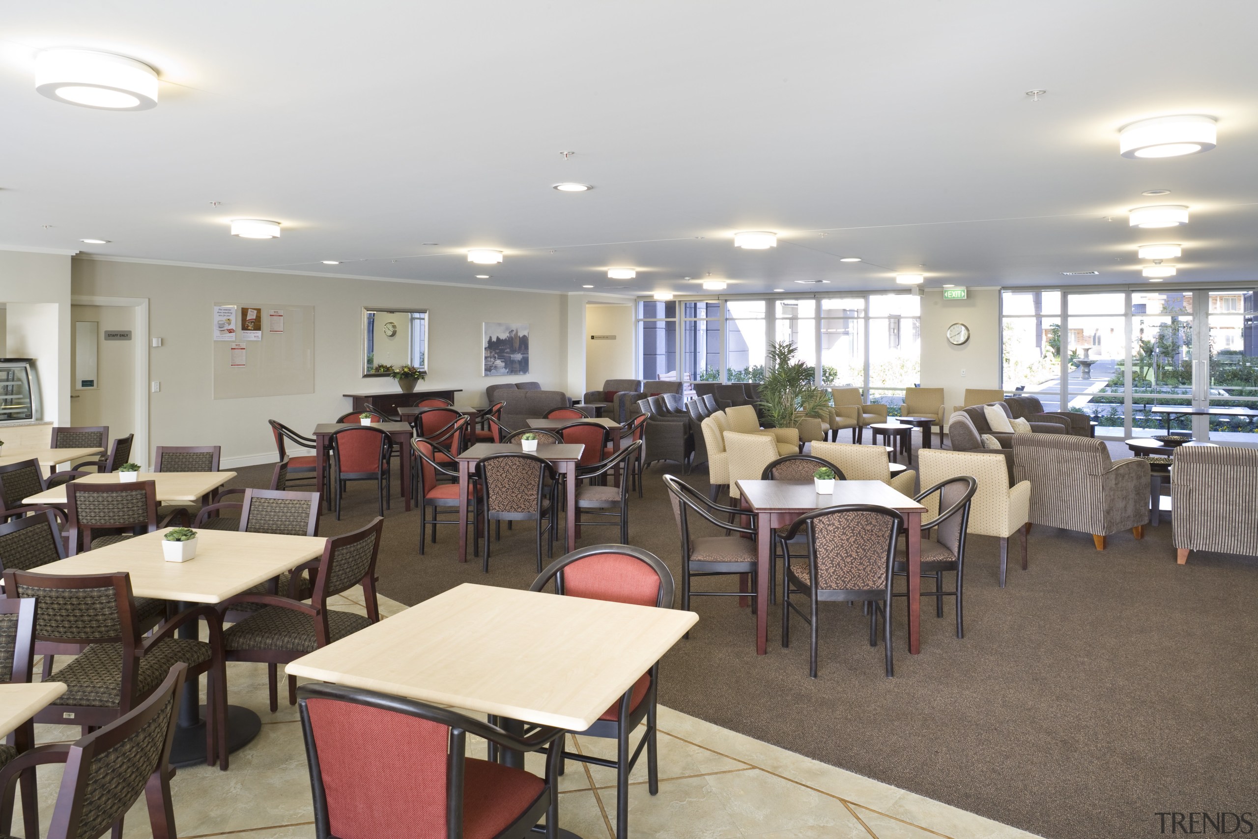 Interior view of one of Summerset's communal areas cafeteria, function hall, restaurant, table, white, gray