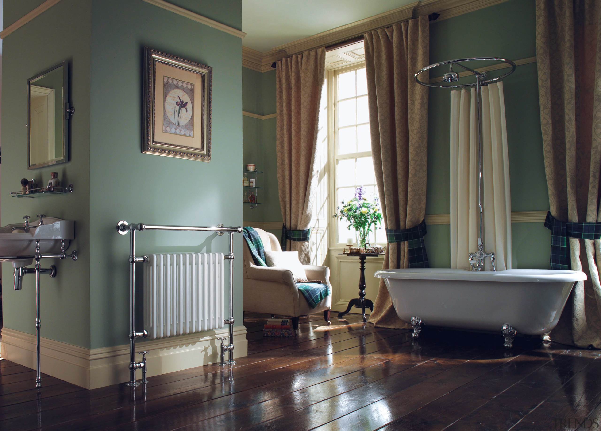 View of the bathroomware by Myson Inc - ceiling, curtain, estate, floor, flooring, furniture, hardwood, home, house, interior design, living room, product, room, textile, window, window covering, window treatment, wood, wood flooring, black, gray