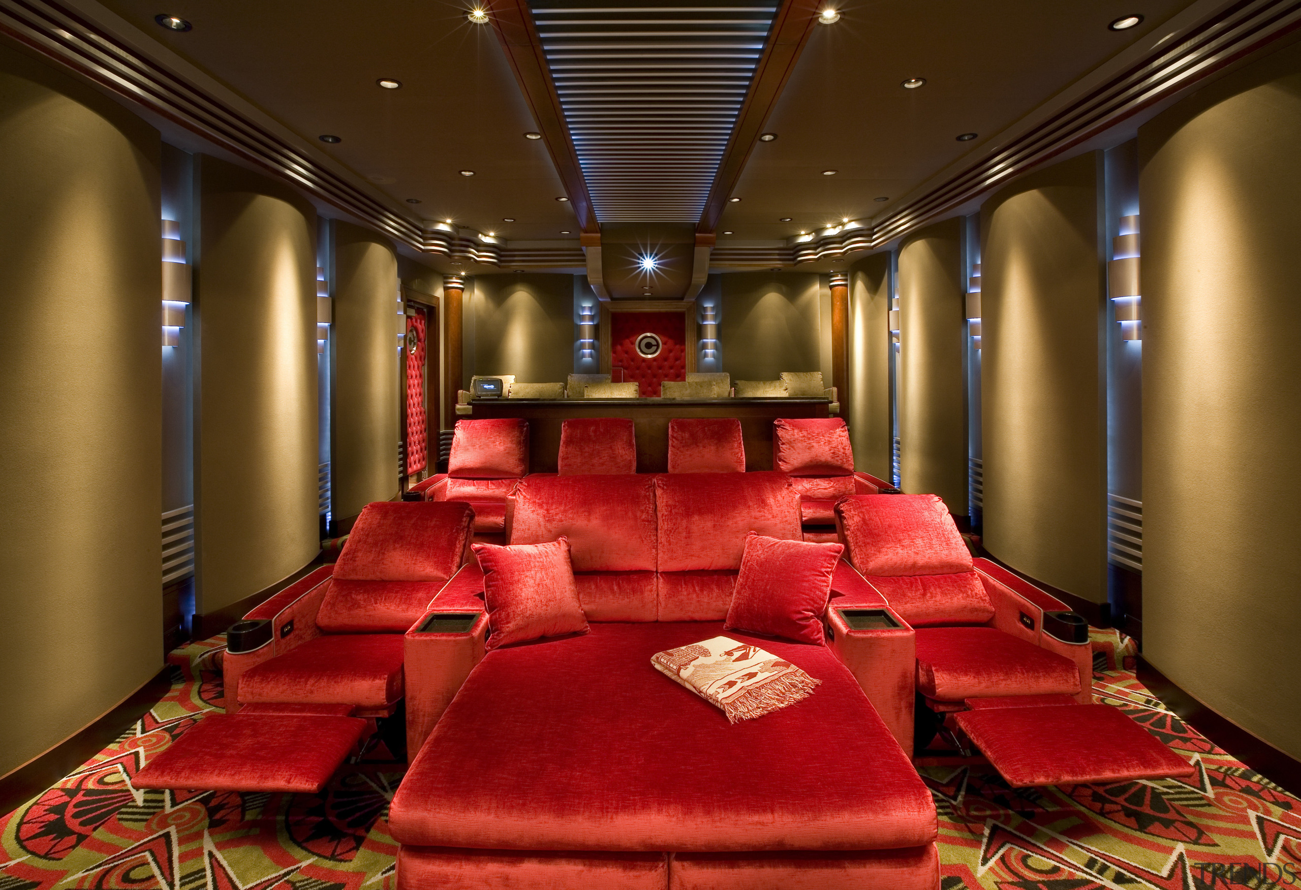 First Impressions art deco themed home theatre - ceiling, function hall, interior design, lighting, theatre, brown, red